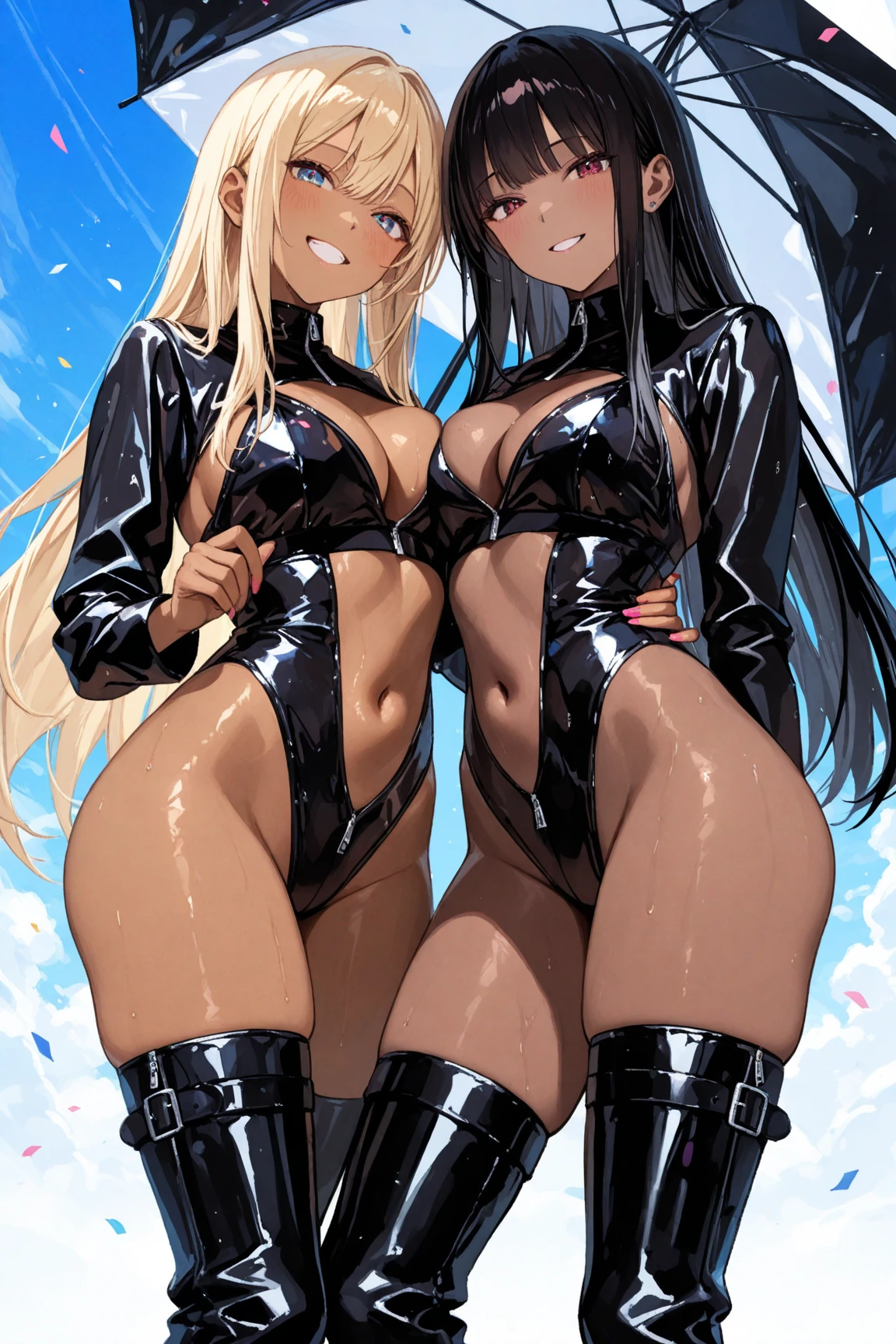 2 girls, girl racers, dark skinned with tanlines, topless, formula one race paddock, small breasts, fat ass, bubble booty, boots, covered in cum, covered in money, high quality resolution, very high quality, beautiful anime eyes, comparing asses, leaning against racecar, smiling