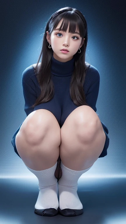 ((highest quality、8k、masterpiece:1.3)),((((fullbody shot)))),Ultra-high resolution,big eyes,Japanese,bangs,(a girl),(1 girl),((20 years old)),((facing at viewer)),(long hair),(((black sweater))),grin,((squatting on stage)),(((pussy))),((skirt lift)),(((black short crew socks)))