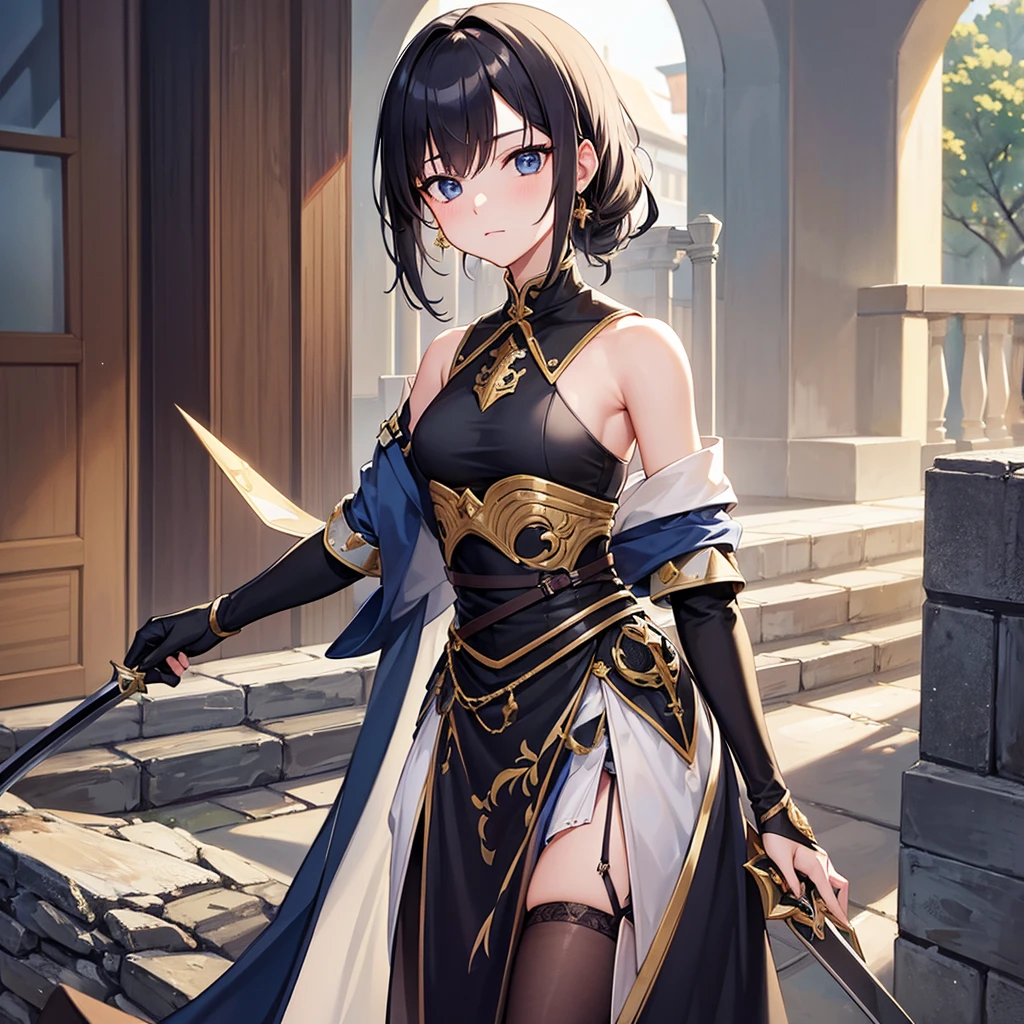 beautiful girl、short hair、Black Hair、cute、Holding a sword