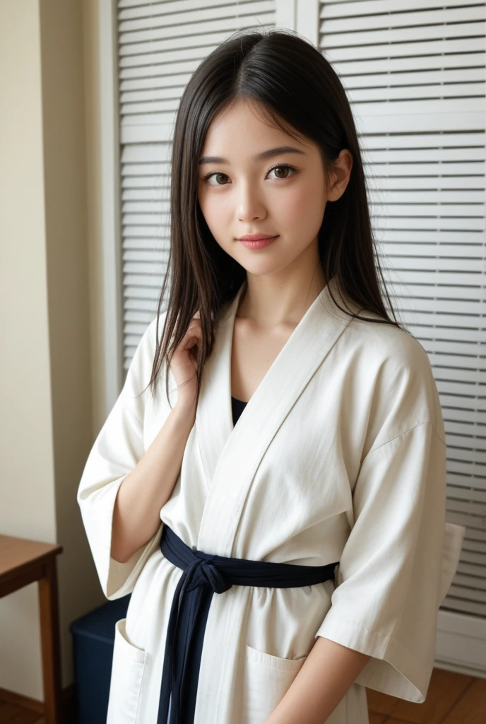 table top, highest quality, 8k, I&#39;m 11 years old, teen, RAW photo, absurd, award winning portrait, smile, smile, alone, idol face, viola lace, gardenia, delicate girl, Upper body,full body shot, Digital single-lens reflex camera, looking at the viewer, Frank, Sophisticated, Zora々right, thin arms,small mouth,cute face, Beautiful and slim legs、professional lighting, film grain, chromatic aberration, (Eye and face details:1.0), (Bokeh:1.1), japanese kimono、shrine maiden costume、high school girl、shrine、river、torii、beautiful slim legs、Nipple flickering、