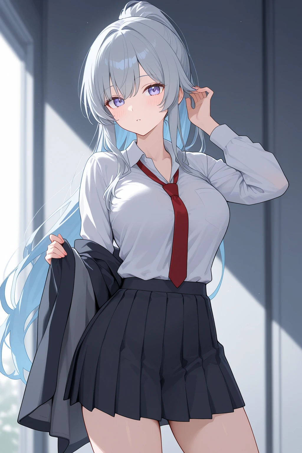 realistic, masterpiece, best quality, high definition, sa1, high school girl, single, solo girls' changing room, sweat-soaked silver hair, blue eyes, sweat-soaked school uniform, (pantyhose), white shirt, big tits, skirt, black skirt, navy blue high socks, sweat-wet skin
