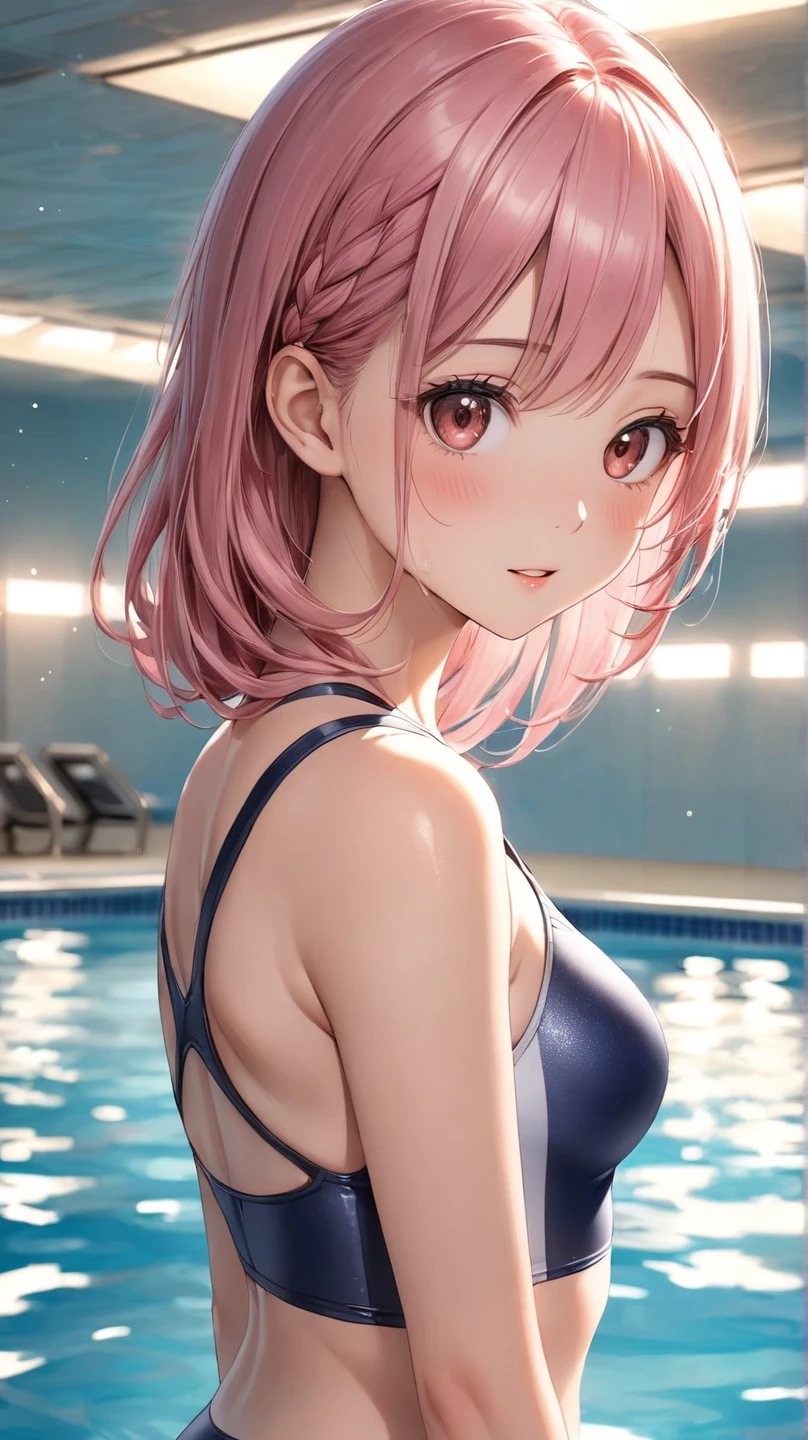 best quality, insanely detailed,ichika nakano, poolside background, breasts, blush, back style, Ruffle bikini, Cute, Cute bikini, nipple, look into the distance, nsfw