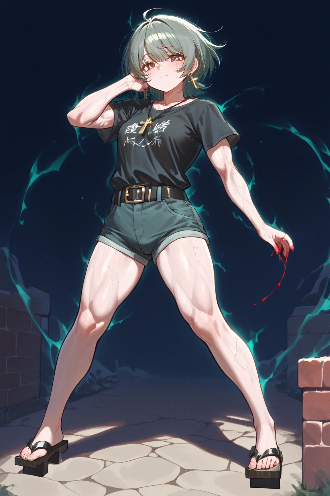 full body portrait, 2d, anime, hentai, dark theme, black background, fair skin, caucasian, girl, youthful adult, college age, 18 year old, standing, arms behind back, trembling, slim, bike shorts, tank top, medium breasts, hips, neat hair, very long platinum blonde hair, blue eyes, pencil-thin eyebrows, [Icelandic], (scared expression, looking down), healthy