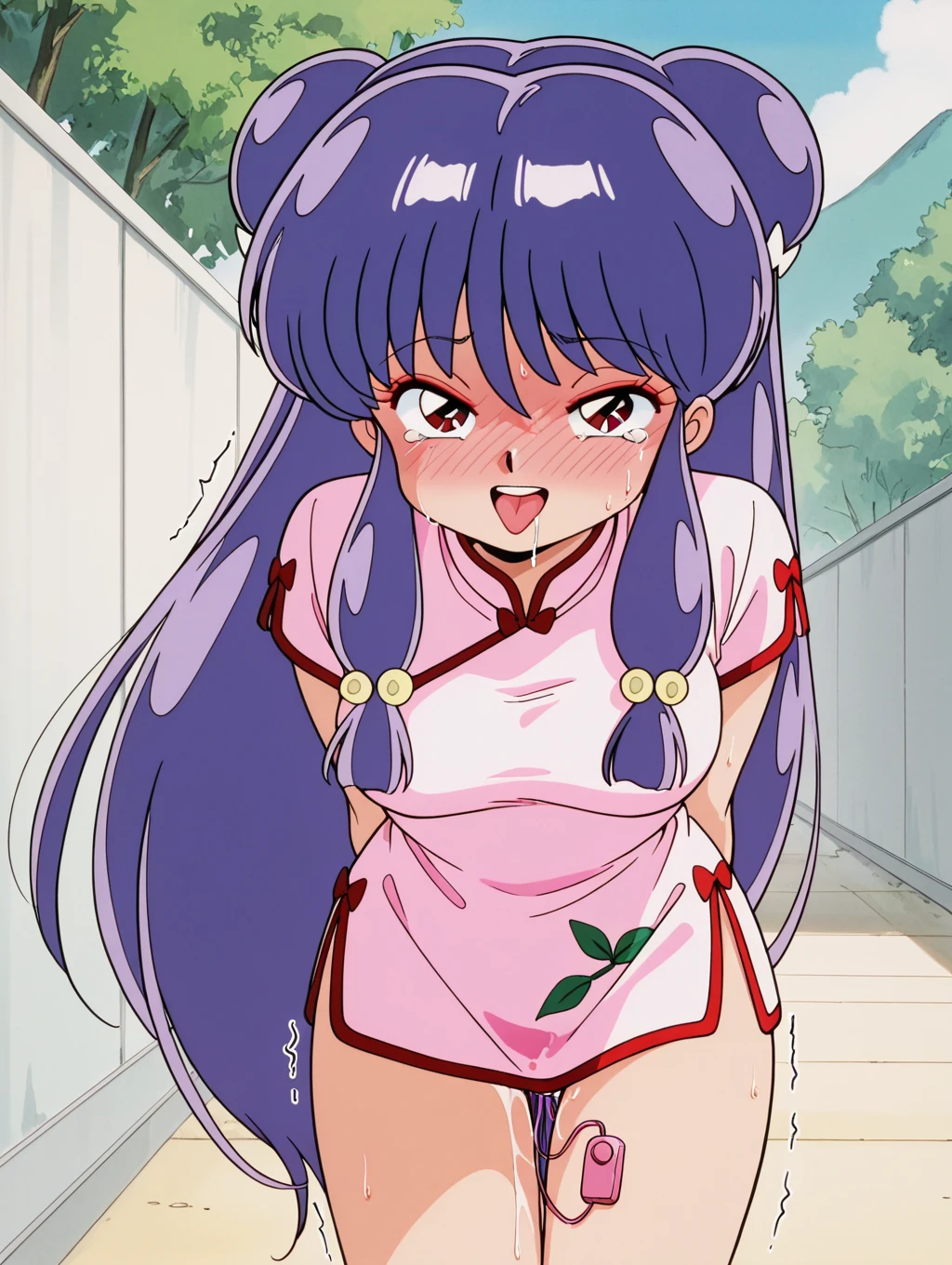shampoo, Ranma 1/2, usando traje de conejito, bun head、Wide-haired purple, de doble cola、Pechos grandes chinos. Pose sujestiva y sensual, Background of the Japanese Dollo, (fondo blanco)