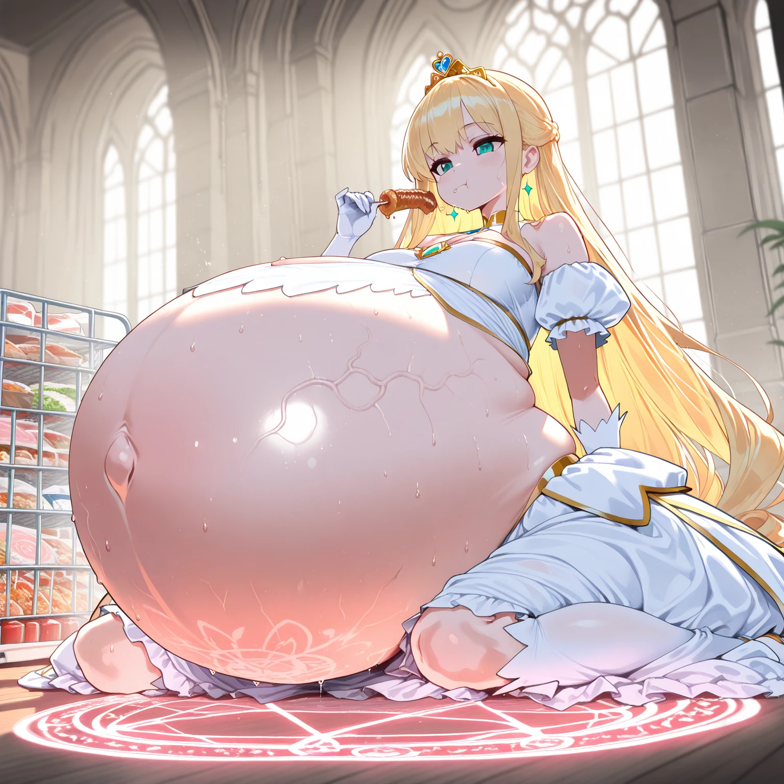 masterpiece, detailed, (realistic:1.3), young woman, teenager, young, (beautiful face, detailed face), (gigantic breasts:1.8), sagging breasts, cute, innocent, shy, withdrawn, (tired expression:1.3), european princess, slut, (pregnant:1.2), throne, tiara, lactating