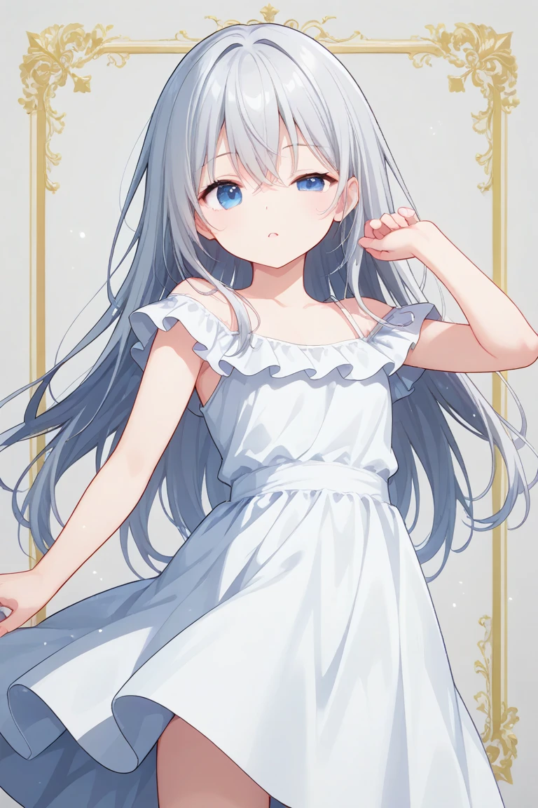 ph elaina, Eoutfit1, elaina (majo no tabitabi), (masterpiece:1.6, best quality),   solo, long hair, ahoge, hair between eyes, collarbone, blue eyes, bangs, white hair, sleeveless, bare shoulders, shiny hair, camisole, , white shirt, purple eyes, shiny, sleeveless shirt, blush, very long hair, sidelocks, sleeveless dress, dress, armpits, smile
