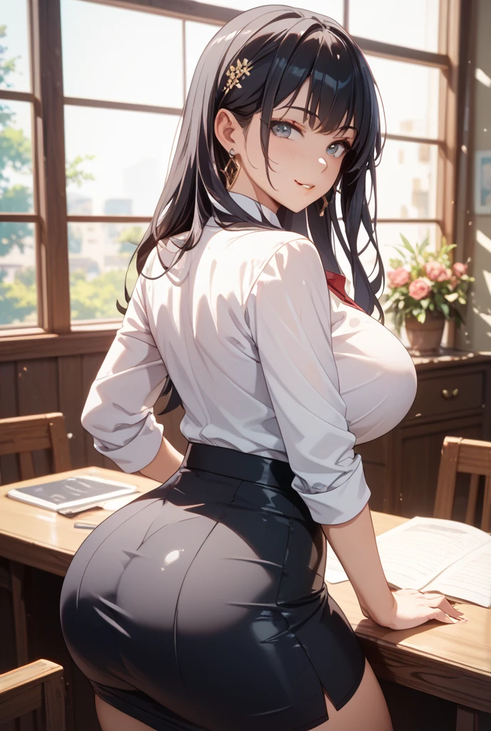1girll,Big breasts teacher,Classroom,High Ponytail,Long whit hair、barechested、Voluptuous buttocks、Rear view、