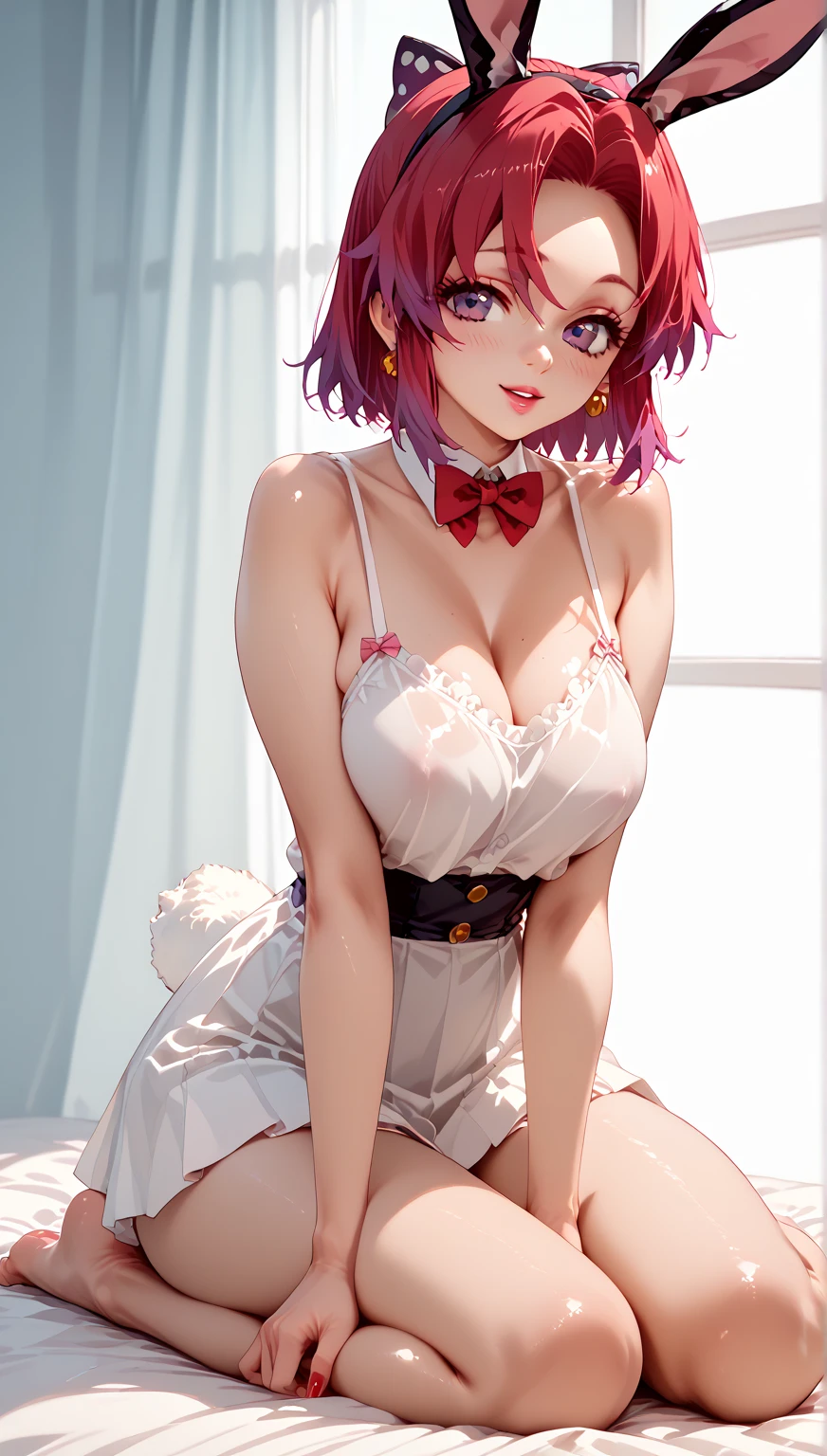 Tabletop、Highest quality、accustomed to、NSFW、high price、9 heads、squat、Place your arms behind your back、1 girl、Ahegao、Cute eyes、black eye、Open your mouth、Drooping、The whole face turns red、One person、apartment、Panties without crotch、Big and ample breasts、(Blunt bangs、ponytail)、White maid outfit、whole body