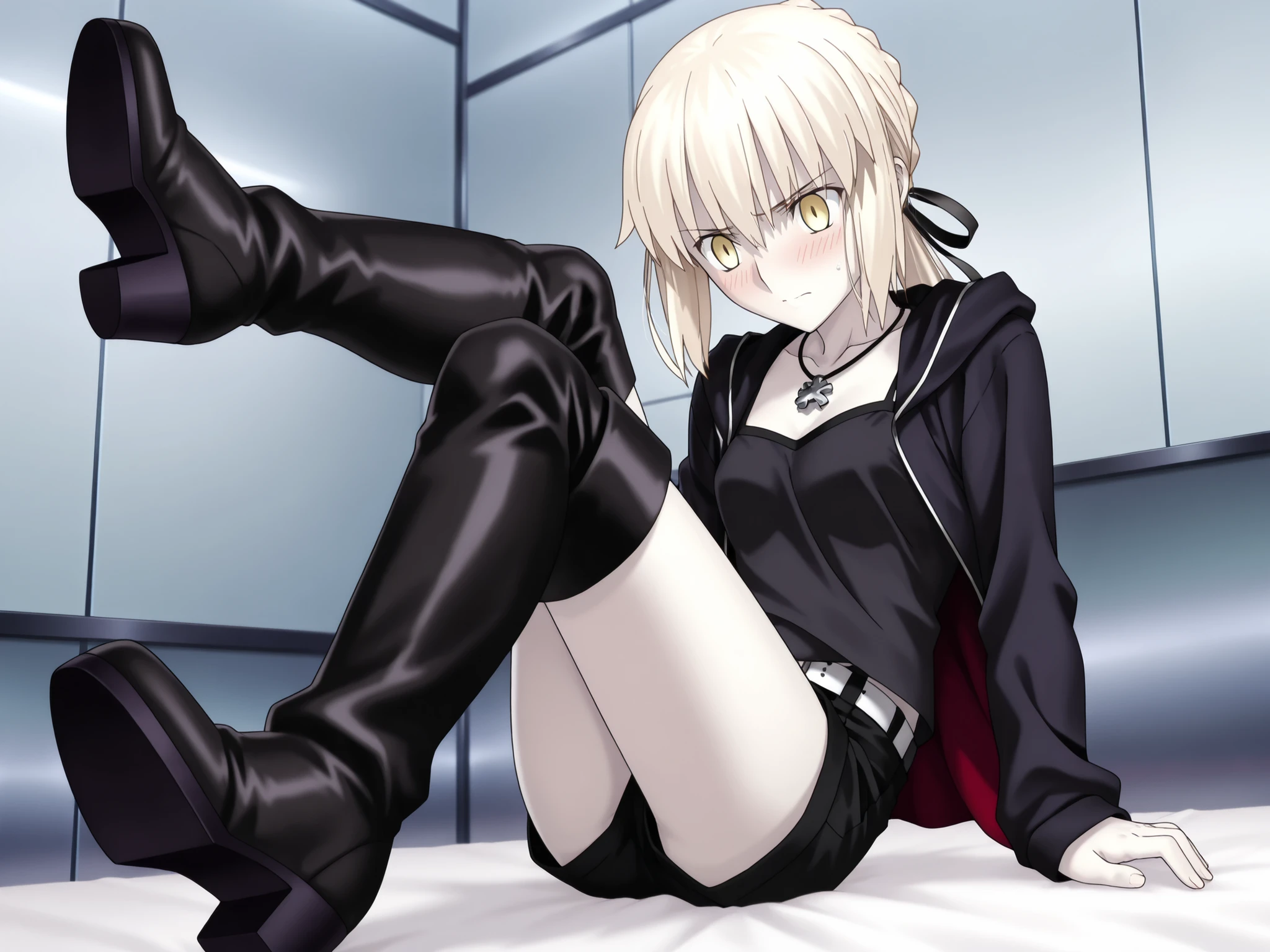 1girl, solo, Saber alter shinjuku, fate grant order, high boots, lying on the bed, the view on the side, the clothes slipping, embarrassed