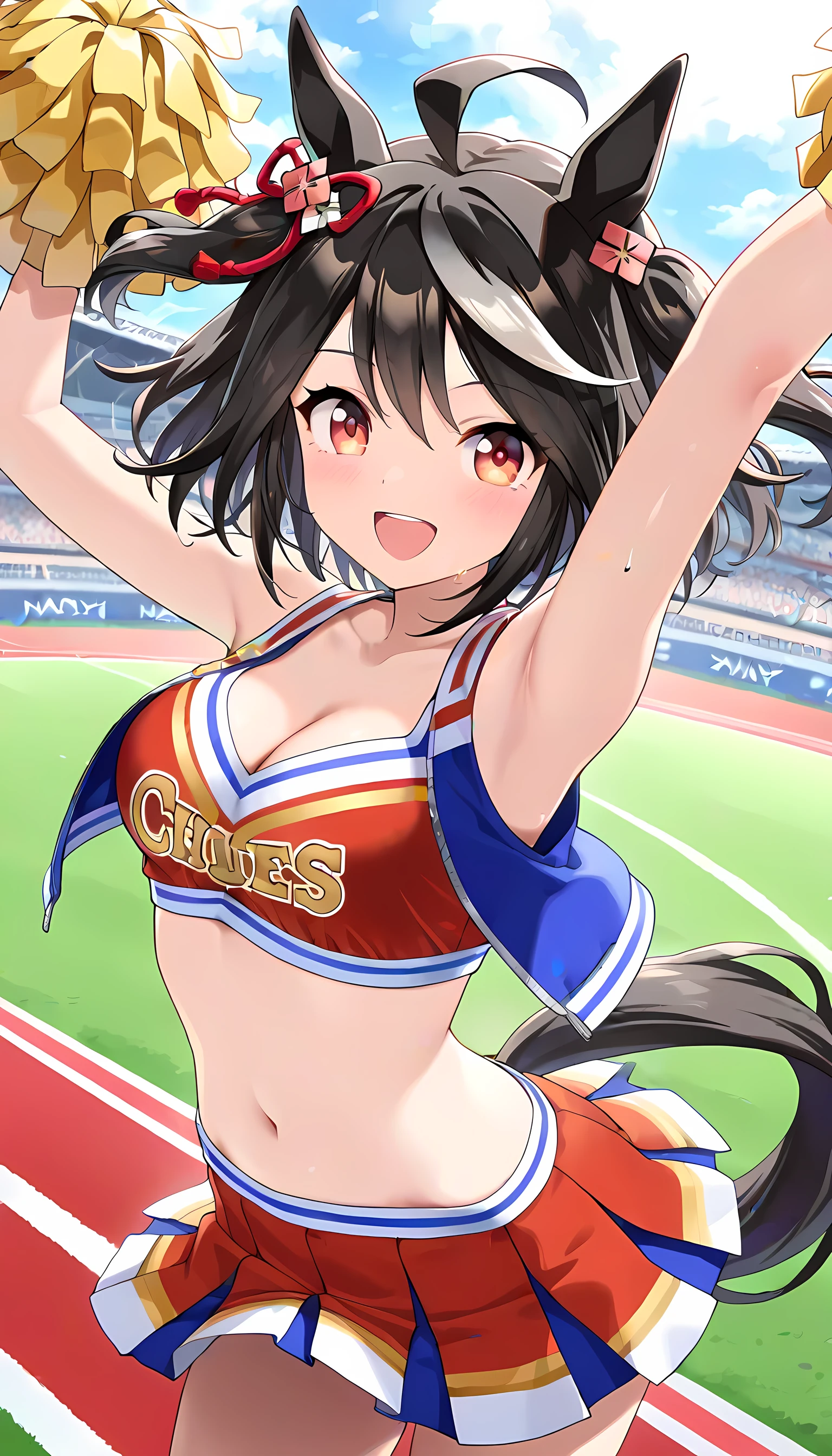 ((Highest Quality, masterpiece, high resolution)), kitasan black with bokeh\(umamusume\), Cheerleader, Cheerleading Costumes, Stadium, (Horse Tail), Smile, Smile Yan, is standing, cleavage, Navy blue pompoms, bust up