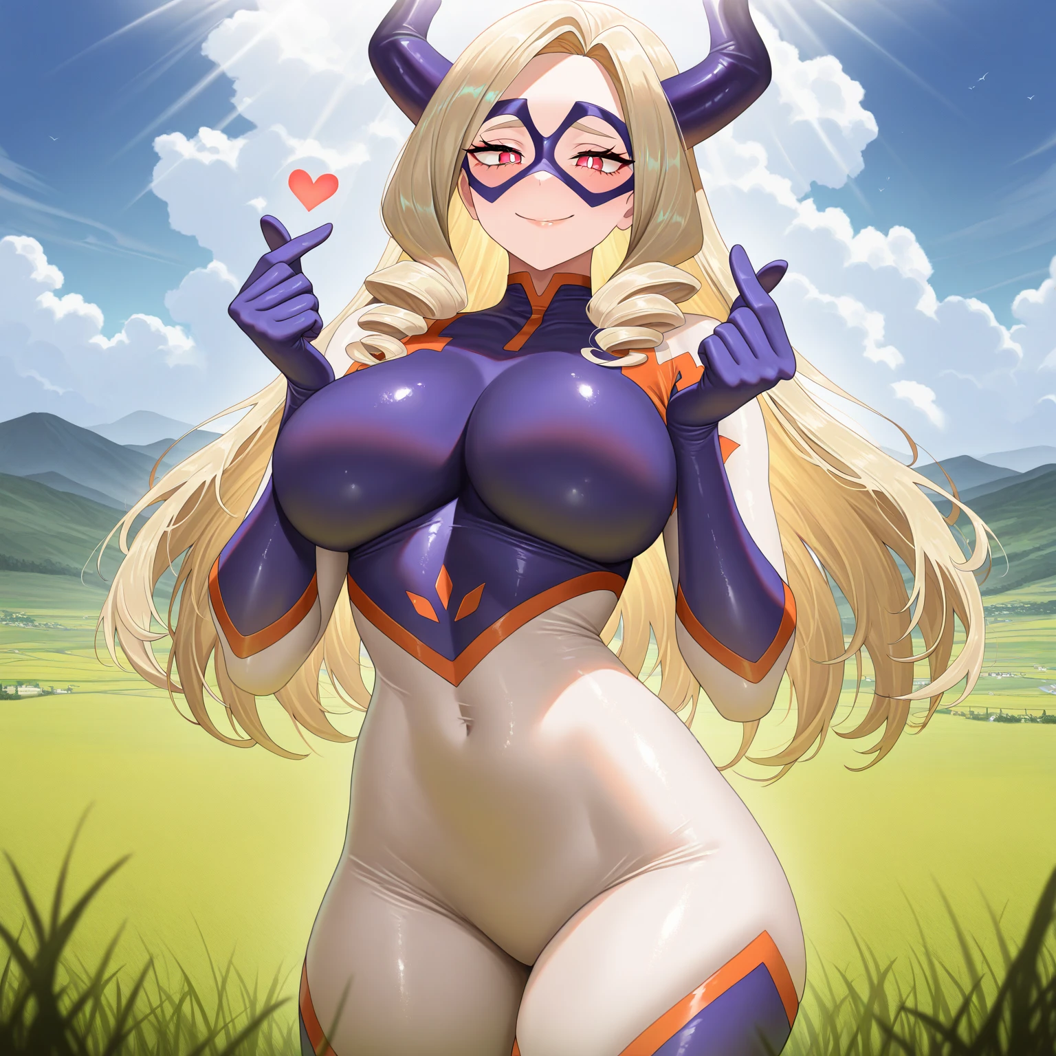 anime artwork, score_9, score_8_up, score_7_up, score_6_up, score_5_up, score_4_up, Mount Lady, blonde hair, purple eyes, big breasts, she is 24 years old, style_3, ,nude, naked, armpits, hands up, black background, solo, disembodied dark-skinned hands grabbing her breasts, _smile,deep grab,