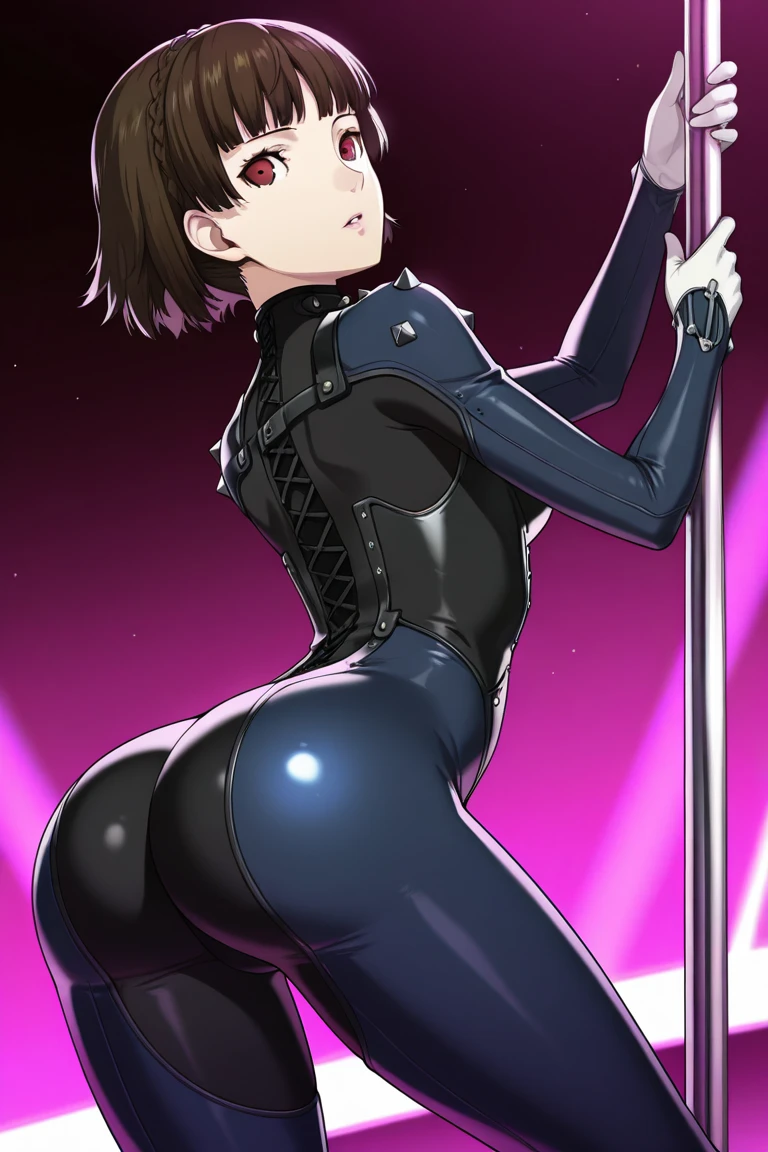 masterpiece, best quality, high quality, 1boy, solo, male focus, looking at viewer, nakajima_atsushi, grey hair, (latex sport uniform: 1.2), hentai face,Taisho era, rear view, shows ass, butt