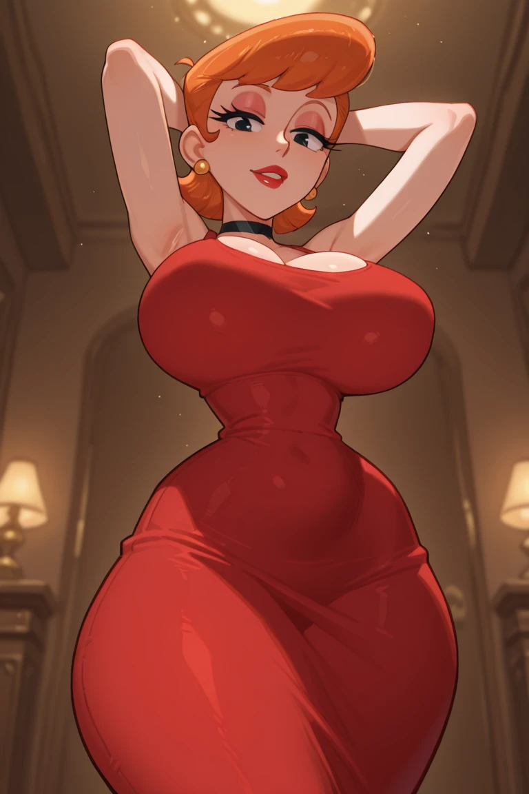 disgusted look, angry, busty, big breasts, massive breasts, pov eye contact, thicc, cleavage, red lipstick, sagging breasts
