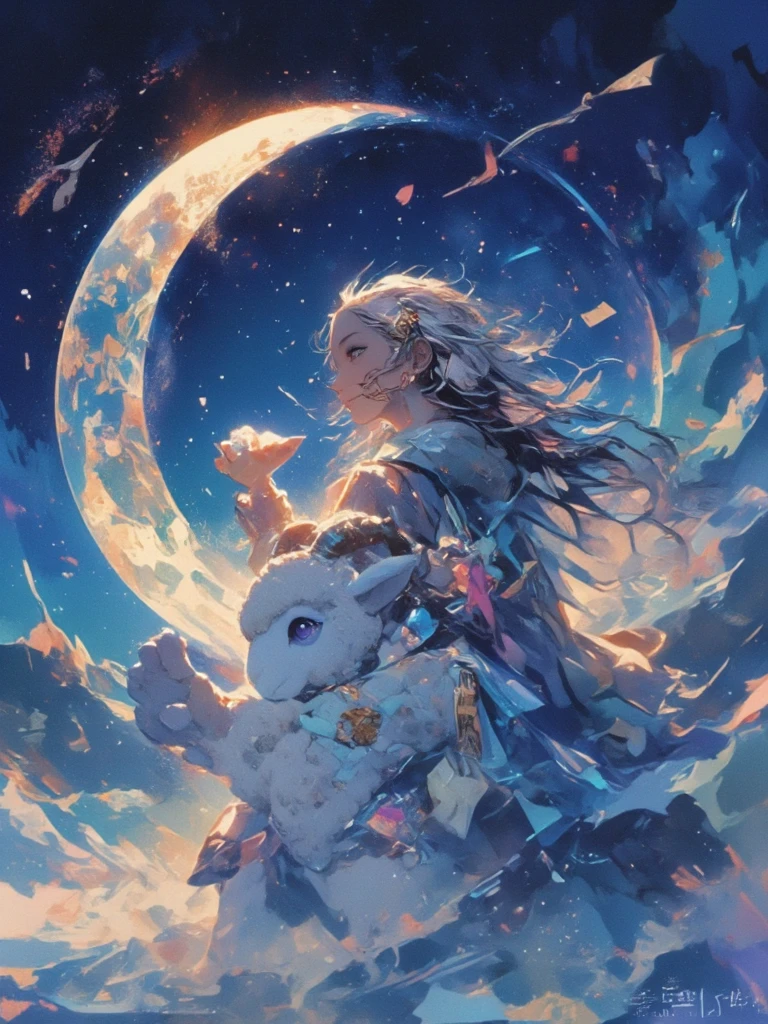 <lora:more_details:0.8>, <lora:moon_sora:0.6>, <lora:DragonCute:0.5>, dragoncute,moon sora, (best quality:1.4), (masterpiece:1.2), hyper-detailed, 4K resolution, a celestial maiden seated upon a billowy cloud, gently petting a majestic Chinese dragon, (looking at viewer:1.2). The dragon, (enigmatic:1.3), (powerful:1.2), (ancient:1.1), encircles the scene, a protective and awe-inspiring presence. The girl, bathed in (moonlight:1.4), her face serene and inviting, her fingers tracing along the intricate scales of the dragon. Draped in flowing silken robes, they catch the (ethereal:1.3) (silver glow:1.3) of the moon. (Starry backdrop:1.1), providing a contrast to the scene. High-angle shot, emphasizing the height and grandiosity of the moment, drawing focus to the girl and the dragon. Soft, atmospheric lighting enhances the details of the scene, providing a sense of tranquility and wonder.