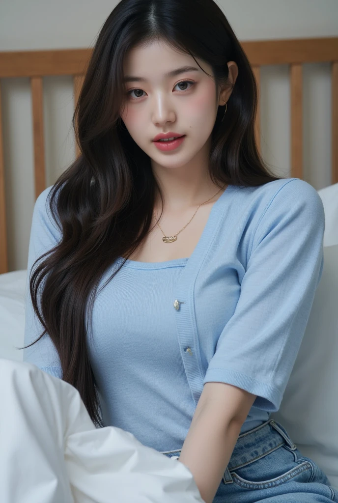 ((High-resolution images, masterpiece, Atmospheric perspective, 8K, Very detailed, Accurate, Highest quality, Single Shot)), (((Cute western woman masturbating))), (Casual Style), Jacket, Unbuttoned shirt, Swollen areola, (Round face, Realistic eye size, Droopy eyes, blush, smile), (((Stand and spread your legs, ))), (Bedroom,On the bed, At night), Blonde braids, Small earrings, Thin Necklace, (light makeup),