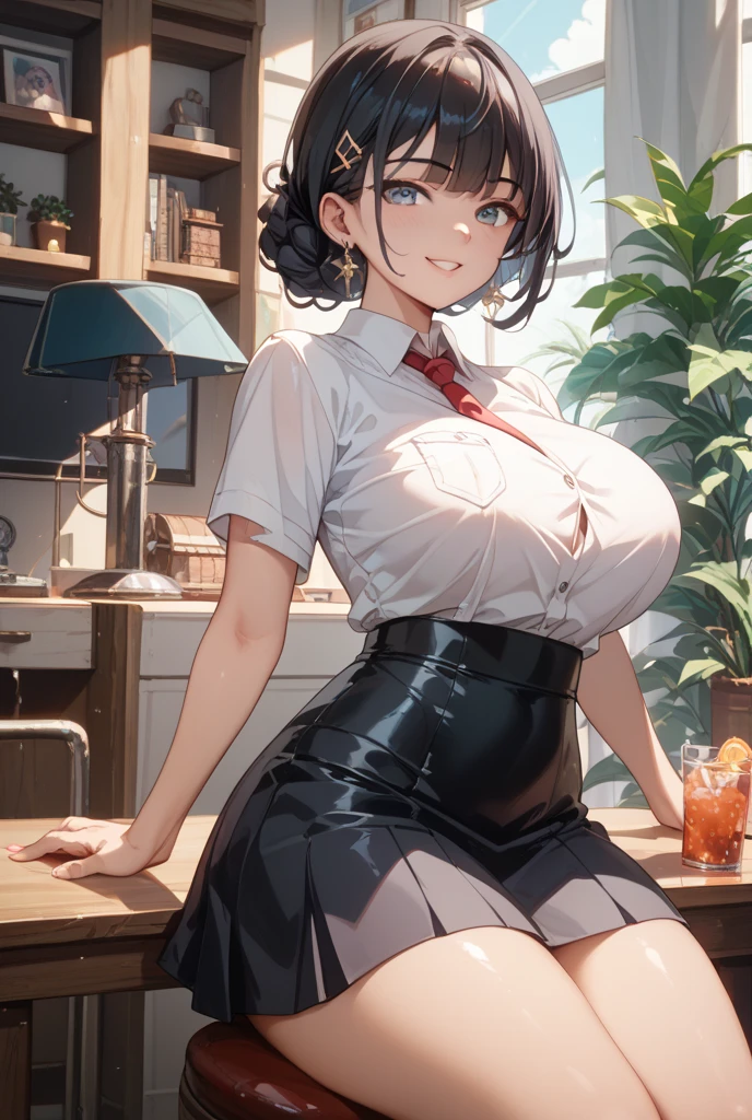 drain blood from the body, riser, 1 girl, alone, ((white shirt)), black knee socks, huge breasts, big breasts, cleavage, uniform, office background, Short shorts, short shorts, office, hair between eyes, messy hair, big breasts, short hair, brown hair, red short nails, green eyes, alone, 太いthighs, thighs, ((masterpiece)), classroom, board, class board, open your mouth a little, squint your eyes, My clothes were covered in blood., slender woman, Bloody ground, Erotic position, close the legs,