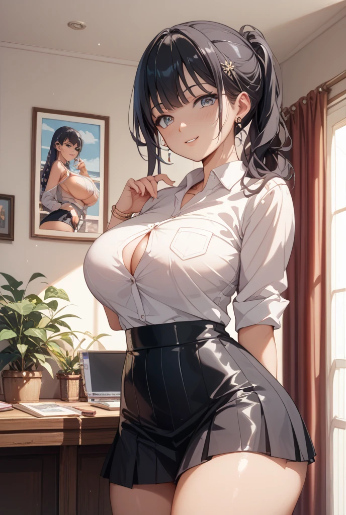 Green Eyes、((Highest quality, 8K, masterpiece :1.3)), whole body, Sharp focus :1.2, Beautiful woman with perfect figure :1.4, Slim Abs :1.2, ((Dark brown hair, Big Breasts :1.2)), (Night city view, Modern balcony :1.1), Highly detailed face and skin texture, Fine grain, double eyelid,, OL Uniform, office Wear, White T-shirt, Exposed cleavage, Indoor scene, office、(whole body)、(nsfw),Lower Body
