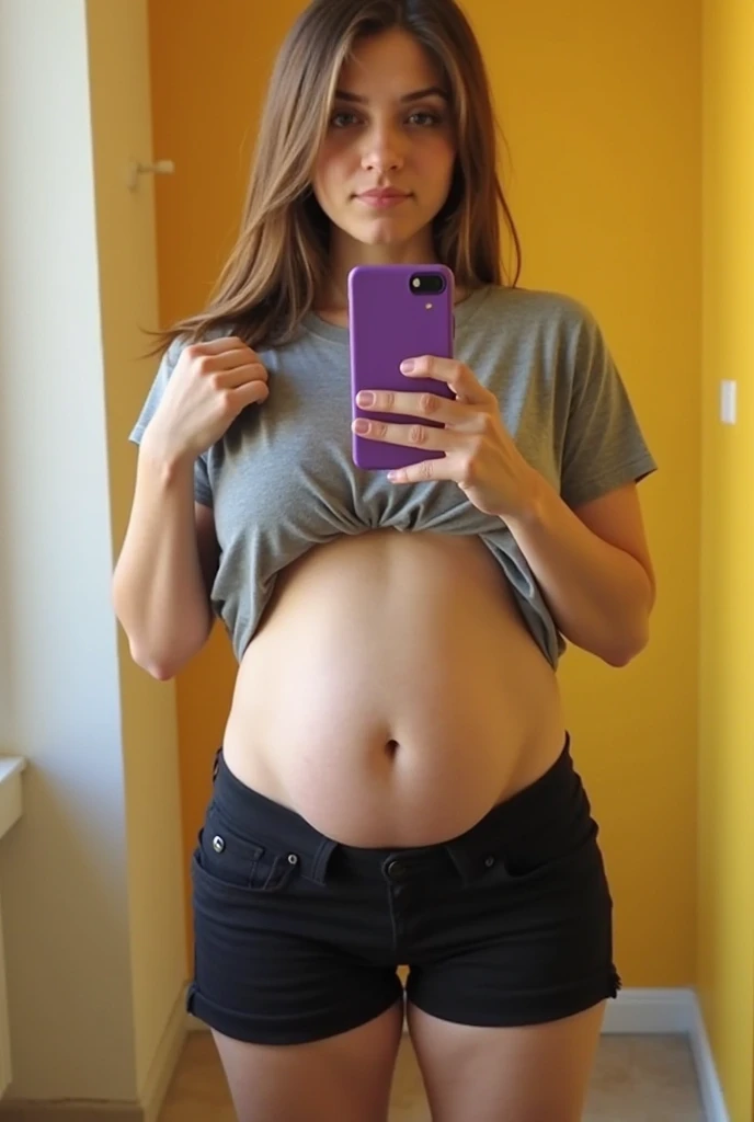 arafed woman in a black top and grey pants standing in front of a refrigerator, belly button showing, her belly is fat and round, belly exposed, her belly button is exposed, she has a jiggly fat round belly, physical : tinyest midriff ever, visible belly, tinyest midriff ever, thicc, pregnant belly