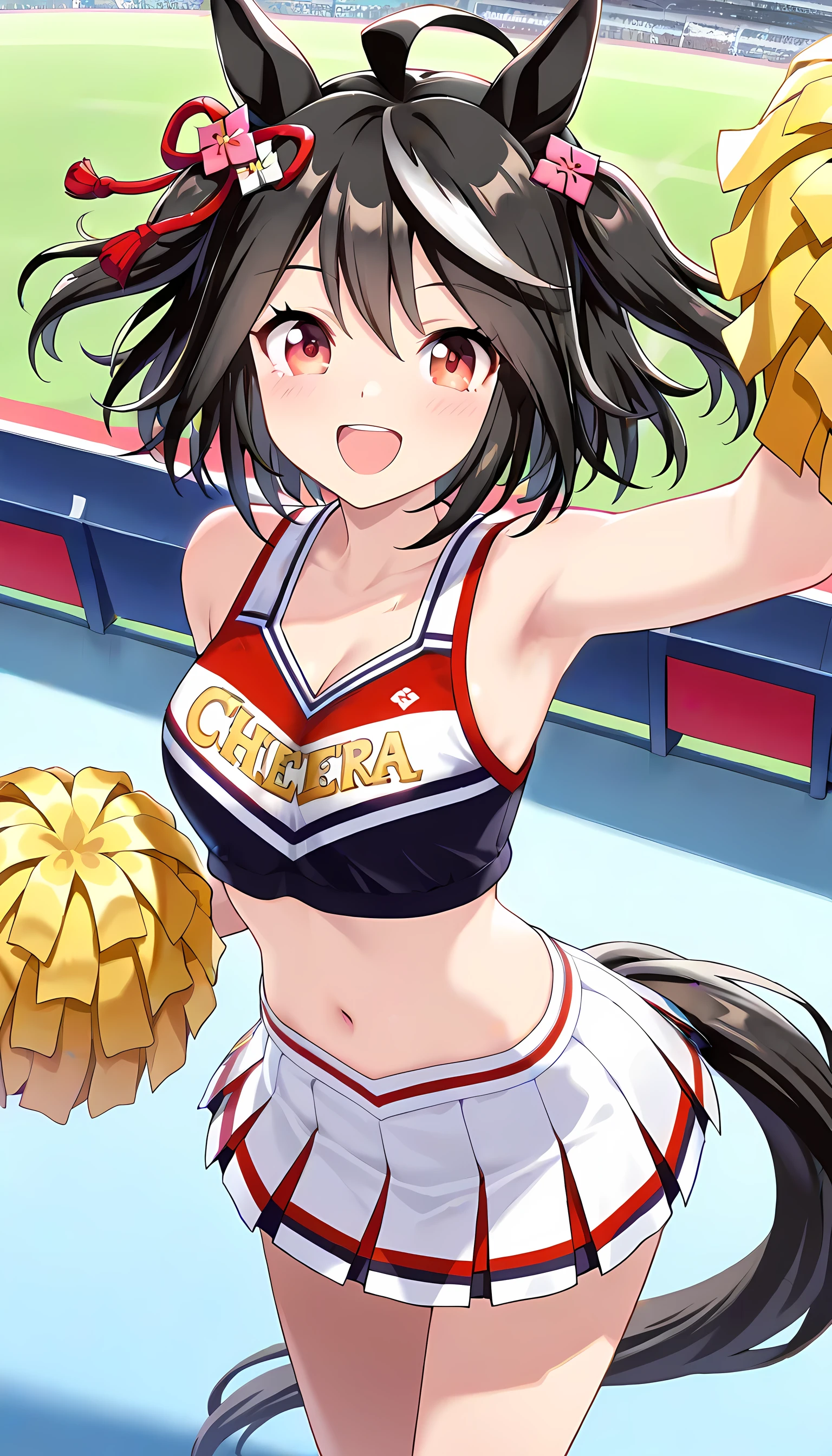 ((Highest Quality, masterpiece, high resolution)), kitasan black\(umamusume\), Cheerleader, Cheerleading Costumes, Stadium, (Horse Tail), Smile, Smile Yan, is standing, cleavage, Pom Poms, cheerdance