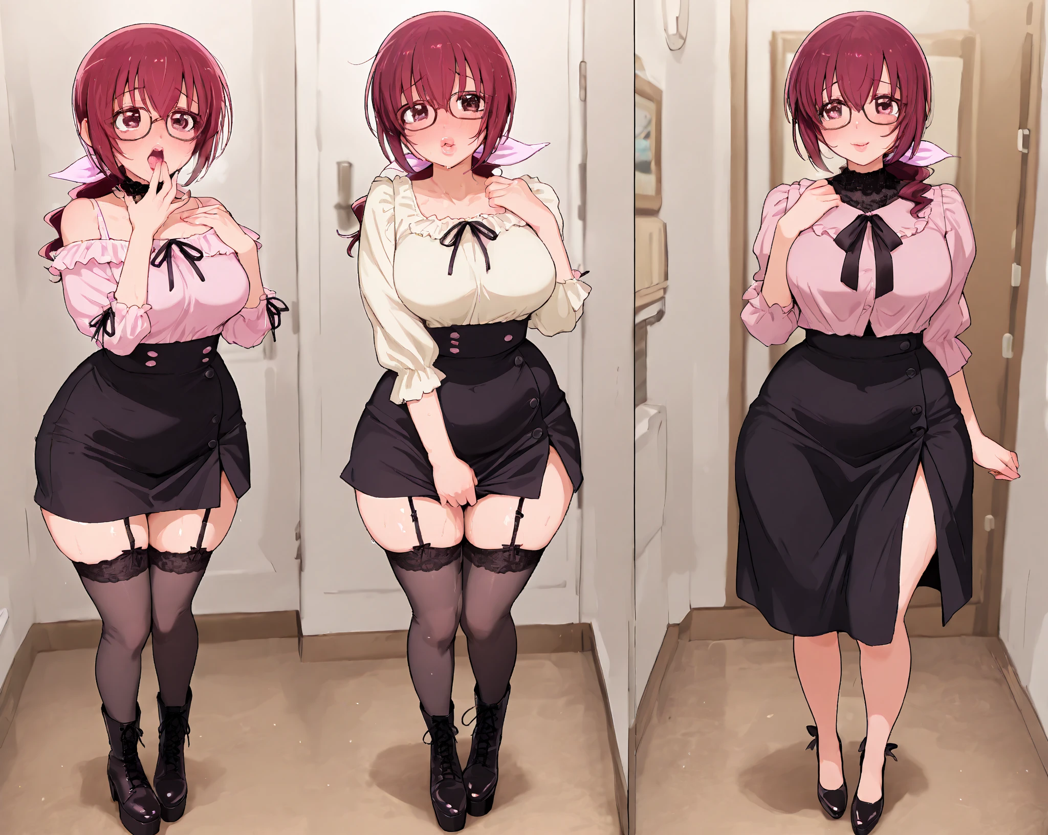 eaArt bot upscaling default is 22:25:26k wallpaper, masterpiece, highest quality, Super detailed, 30~40 years, full body shot, mature woman, beautiful mature woman, nightgown and underwear, enchanting smile, thick lips, Chubby lips, blush, looking at the viewer, provocative expression, short hairstyle, cleavage, Plump、curvy hips、attractive face、naughty face、sexy lingerie 、an inviting gaze、Expression of emotions、(((Lewd underwear)))、erotic see-through lingerie set、Standing position、gorgeous accessories、raise your butt, from below, (NSFW: 1.4)、exposed chest、(((gasping face)))、Openwork decoration,(((see through dress)))、(((R-18)))、Hakari_Whirlpool, pink hair, medium hair, hair ornaments, hair flower, green eyes, , black skirt, mini skirt, pleated skirt, black jacket, white shirt,collared shirt, long sleeve, neck ribbon,ribbon, thighs, big breasts, Are standing, cowboy shot, looking at the viewer, outdoor, blush, 1 girl, (masterpiece:1.3), (High resolution), (8K), (very detailed), (4K), (pixiv), perfect face, Nice eyes and face, (highest quality), (Super detailed), detailed face and eyes, (alone), rough skin, confused, High resolution、beautiful eyes