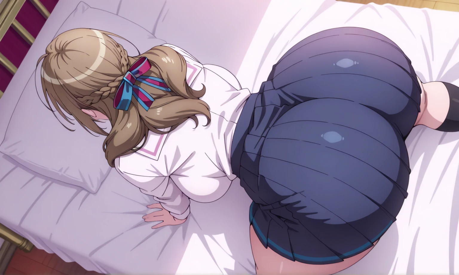 (extremely detailed CG Unity 8k wallpaper, masterpiece, best quality, high detail, ultra-realistic), (best lighting, best shadow, very gentle and beautiful, slim waist, big tits, small sides), low angle, angle perpendicular to the girl's ass (1 young girl 16 years old with thin cute legs, gray eyes, with pale skin, long hair, makes a enjoying and moaning face, lifted up her skirt and lay down on her spread knees with elbows,  the half-naked body spread her wide and inserts her husband's into her spread and makes her touch with her hand, from which a very tight flows strongly, under a tight bikini with a schoolgirl costume on the edge of the desk, saggy breasts