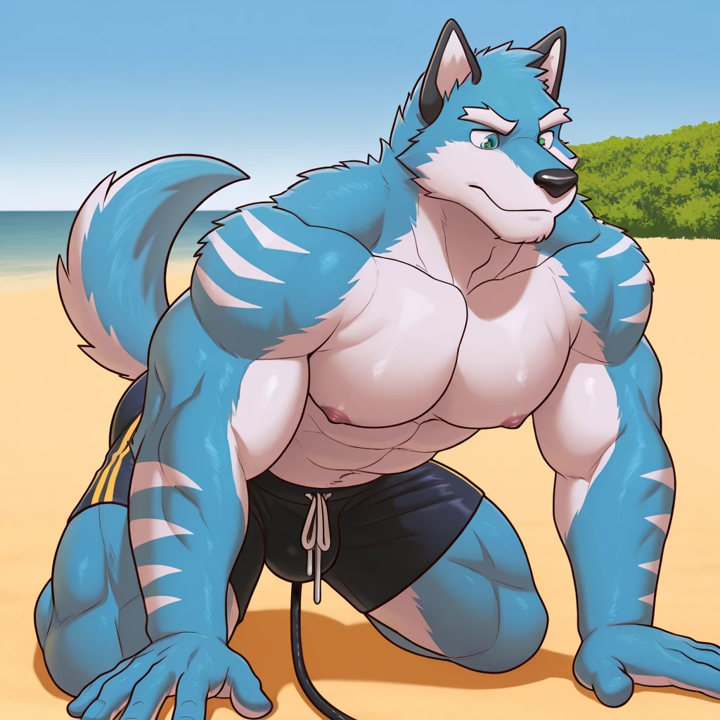 by zixiong, (1boy), solo, male, kemono, (blue wolf), white coutershading, (naked), handsome, muscular, adult, hunk, hot body, (detailed black eyes), detailed face, white eyebrows, (1 detailed big hard white penis erection), balls, thick body, nipples, full body, pectoral, 6-pack abs, masterpiece, high res, best quality, 8k, nsfw, lineart, detailed shade, dark room