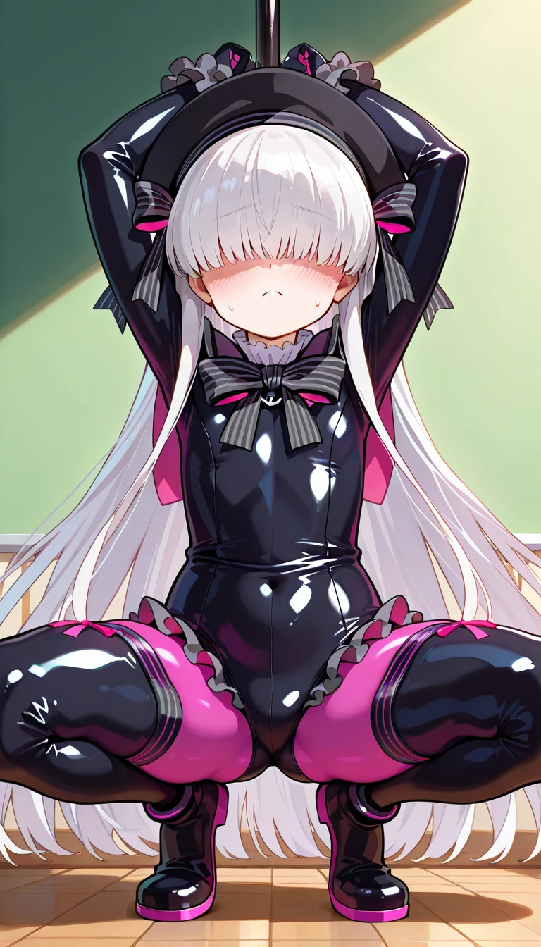 score_9, score_8_up, source_アニメ,アニメ style,Silver Hair,Center-parted bangs,long hair,Big Breasts,Eyes closed,smile,Big Tits,cool eye,((1girl)),shiny skin,Heavy breathing,Lewd,Heavy breathing,High heels,Reverse Bunny Suit,Bukkake,Erect nipples,gloves,latex,Maid clothes,front view,Tentacles,ショーケースに敷き詰められたのTentacles,open pussy,Creampie