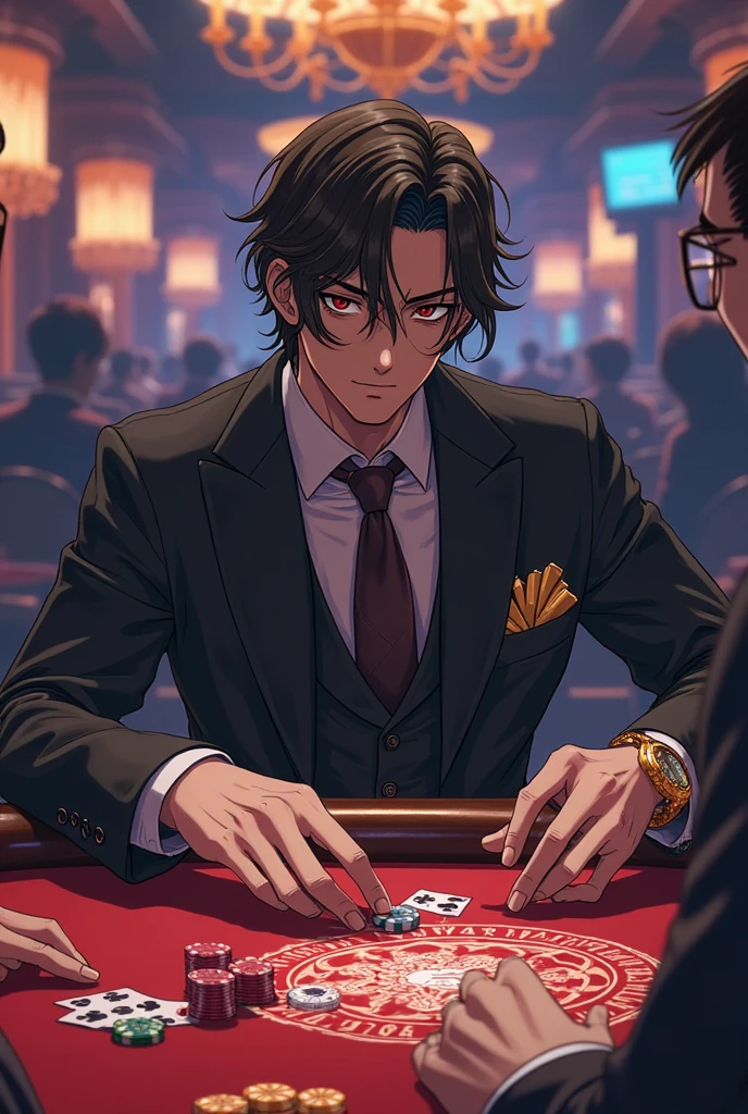 a man in a purple suit holding scissors, attractive magic man, playing cards, character, anime image, white mask,full art, official character art, official character illustration