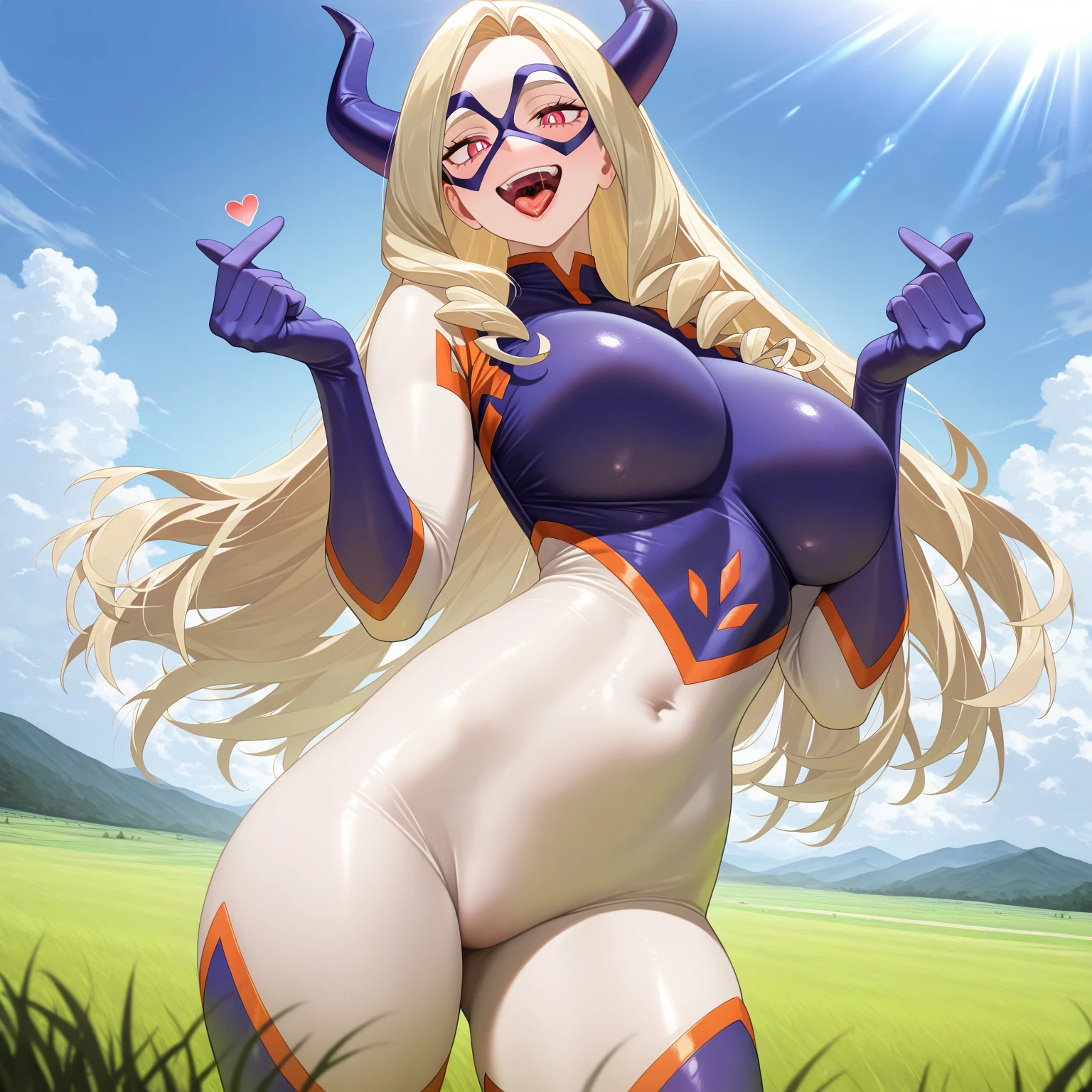 anime artwork, score_9, score_8_up, score_7_up, score_6_up, score_5_up, score_4_up, Mount Lady, blonde hair, purple eyes, big breasts, she is 24 years old, style_3, outdoors, bikini skirt, beach, dildo, expressive