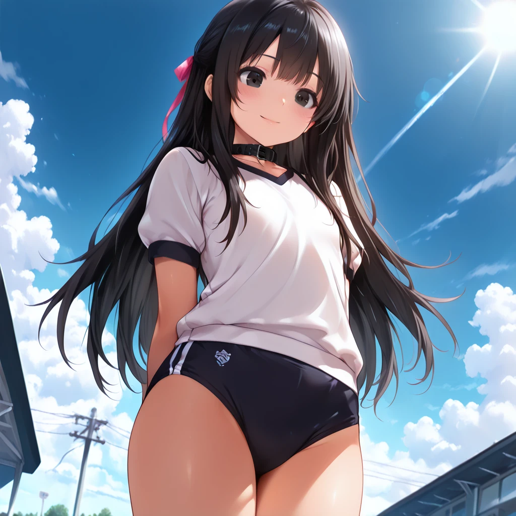 beauty　Black Hair　smile　Embarrassing　blush　Joyful　fine　tits　White gym clothes　Black buruma　Pure white underwear showing　gym　Shooting from below