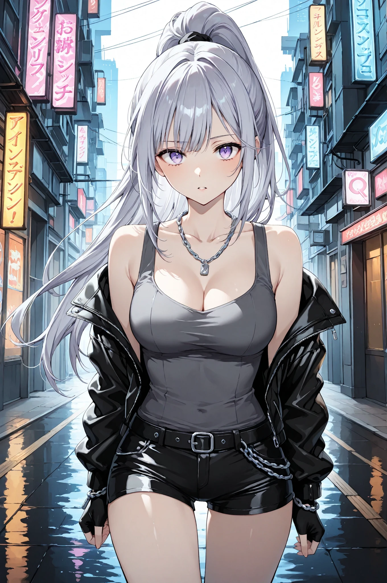 Anime girl in a black leather outfit standing in a city, longos cabelos brancos, menina anime sedutora, Melhor Anime 4K Wallpaper, art com cabelos brancos, Estilo anime 4K ,( beautiful sky:1.1), ( Fundo da arquitetura japonesa:1.15), (extremely high quality, Amazing details:1.4), (sozinho, picturesque backdrop:1.3), (ray tracing, color grading:1.2),