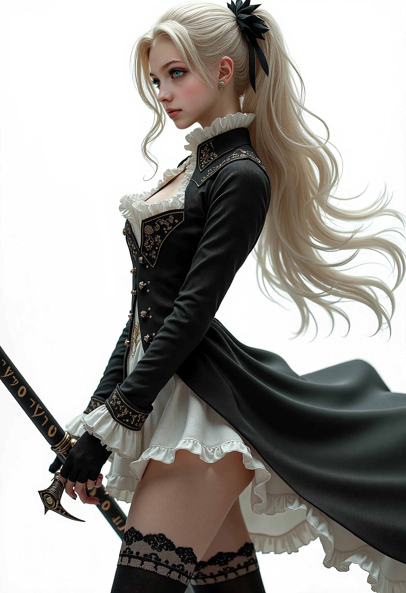 (((masterpiece, of the highest quality, super detailed))), (a female knight of an occult order), (an occult saint), (combat pose), (ready for combat), (resolved expression), (resolute expression), (((floating sword, nier automata))), (Edwardian/Victorian era inspired), ((minimal but intricate beautiful armour)), (big forhead:1.2),extremely detailed cute anime face, (((flat chest))), ((flat chest:1.1)), ((((long twin braids,tight braids,long braid,braided hair,long hair)))), ((ponytail, thick ponytail, heavy ponytail)), ((Fluttering lace flared dress with frilly petticoats)), ((((Highly detailed face))), (((Very sharp focused eyes))), very long eyelashes, ((small breasts)), (((flat chest:1.1))), occult aesthetic, (red and white clothing detailed and intricate steampunk and detailed gothic), (with a hood), complex lace boots, (full body)