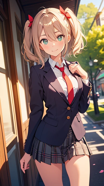 (masterpiece:1.3, Highest quality, Ultra-high resolution, Super detailed), (Realistic, photoRealistic:1.4), Beautiful illustrations, Perfect lighting, colorful, Depth of written boundary,
Beautiful detailed hair, Beautifully detailed face, Beautiful attention to detail, Beautiful clavicle, Beautiful body, Beautiful breasts, Beautiful thighs, Beautiful feet, Beautiful fingers,
View your viewers, 1 person, Japanese, high school girl, Perfect Face, (Perfect Anatomy, Anatomically correct), Cute and symmetrical face, Baby Face, , Glowing Skin,
(Mid-length hair:1.5, Topknot, Hair loss, Blonde), Hair between the eyes, Dark green eyes, Droopy eyes, Big eyes, Long eyelashes, (Medium chest), thin,
((Navy Blazer, White collared shirt, nabuto pleated skirt)), Dark red bow tie, Earrings, Hair Scrunchie,
(Beautiful views), evening, (garden), Are standing, Place your hands between your legs, (Cute smile, Upward glance, Open your mouth),