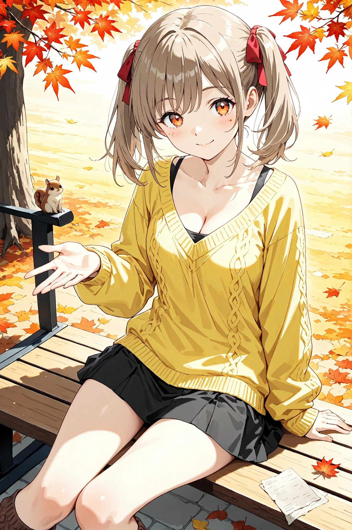 masterpiece, score_8_up, ((watercolor anime style)), ((soft washes of color, gentle gradients, textured paper look, translucent feel)),
BREAK
1girl, 20 years old Japanese anime girl, solo, portrait orientation,
BREAK
medium-length light brown hair styled in playful twin pigtails, tied with red ribbons, warm orange eyes filled with kindness and a gentle smile, rosy cheeks,
BREAK
wearing a cozy mustard yellow sweater that hints at her cleavage, a dark green corduroy mini skirt, and brown knit leg warmers,
BREAK
sitting on a park bench surrounded by vibrant autumn leaves in hues of red, orange, and yellow, a small squirrel perched on her outstretched hand, offering it a nut, a heartwarming and peaceful scene, soft sunlight filtering through the autumn foliage,
BREAK
slightly high-angle shot, emphasizing her connection with nature and the gentle atmosphere.