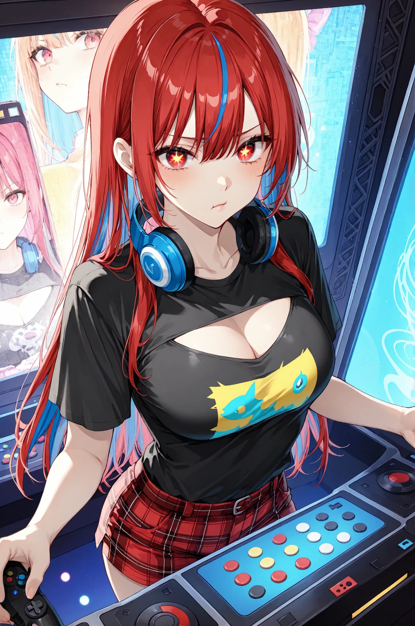 masterpiece, score_9_up, ultra-detailed
BREAK
1girl, 20 years old Japanese anime girl, solo, (美少女ゲーム風CGイラスト), ((sharp details, glossy highlights, expressive semi-realistic eyes)),
BREAK
long straight hair, primarily black with striking electric blue streaks and highlights (two-tone hair), intense crimson red eyes, a "jito-me" (half-lidded, exasperated, or judgmental) stare, slightly pouting lips,
BREAK
wearing a black graphic t-shirt with a game controller design (revealing cleavage), paired with plaid patterned short shorts, headphones around her neck,
BREAK
in a brightly lit and noisy arcade, standing in front of a complex rhythm game machine, colorful lights and reflections from game screens in the background, a look of mild annoyance mixed with concentration, bokeh_background of arcade machines,
BREAK
close-up shot focusing on her expressive face and the vibrant arcade environment.