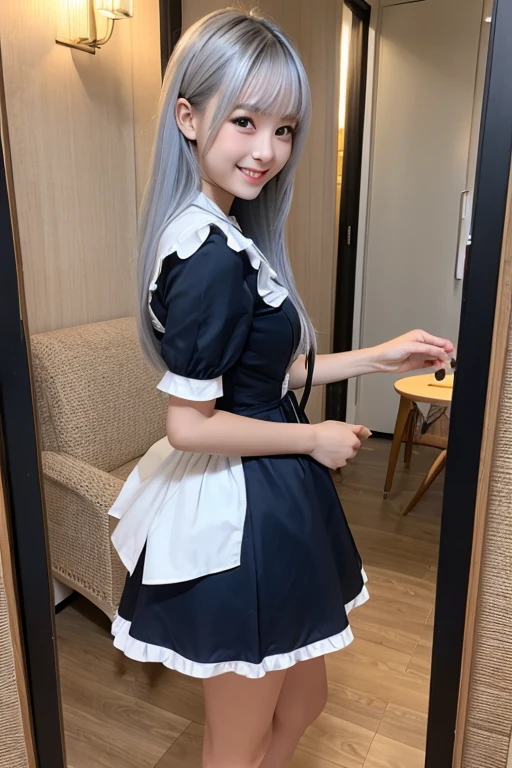 (true to life,Photorealistic 1.5),((best qualtiy, 8K, tmasterpiece:1.3)), (二重まぶた,largeeyes:1.3),(The expression is pitiful 1.5),(Full body photo 1.5)(Aggrieved expression 1.5)Clear focus 1.2, Perfect body beauty:1.4 , Delicate skin1.1,(Silvery-white hair 1.2),(Delicate facial features1.4),(Pure desire 1.3)(Little Lori 1.5)(JK skirt 1.2)black lence stockings,Maid dress-up,Cat ears dressed up at Comic-Con