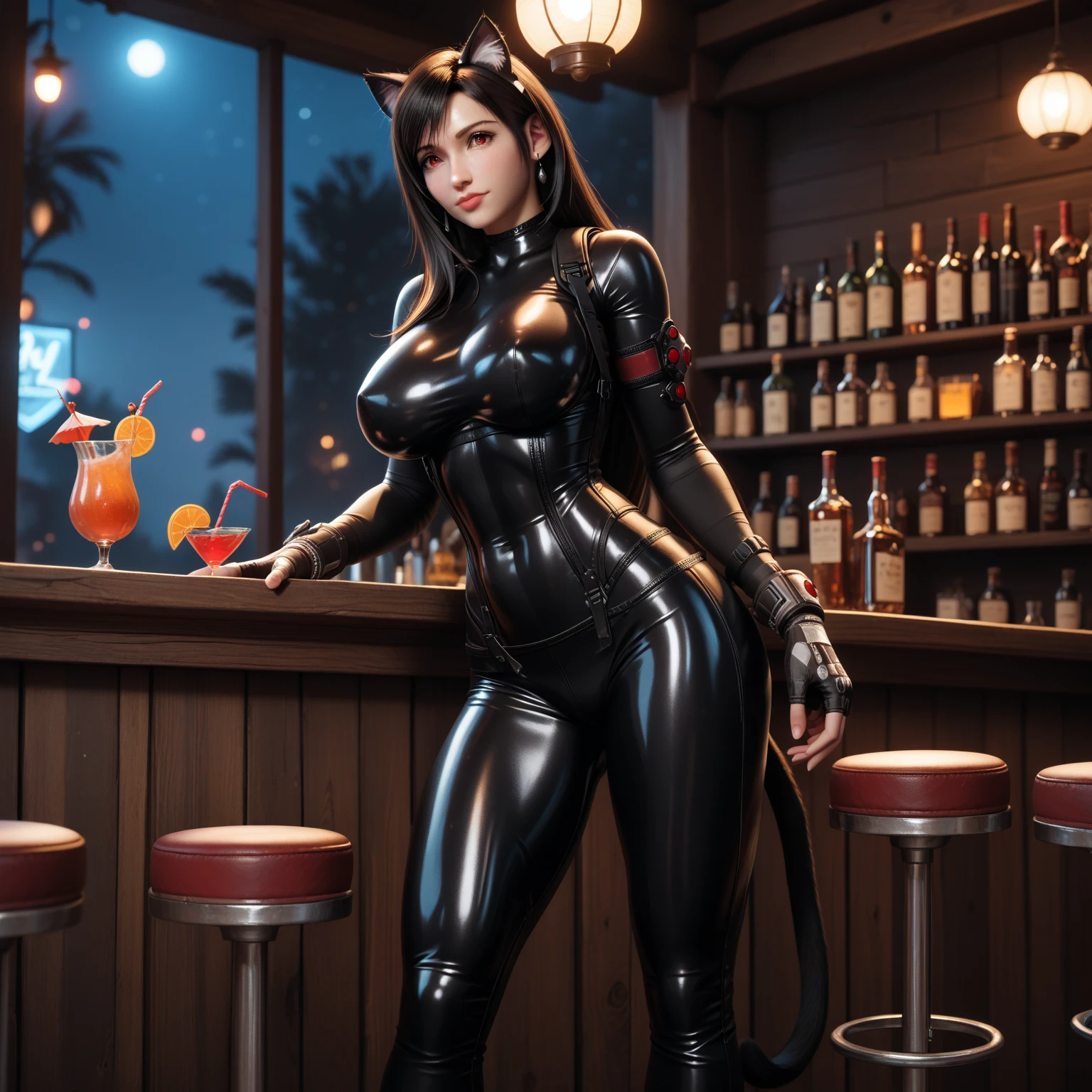 there is an Woman with the most hot and sensual outfit of Catwoman, wearing pleasers, fishnet bodysuit, (cat ears, goggles, goggles on head), (​masterpiece, 4K resolution, A hyper-realistic, highly detailed, Turn your back), full body Esbian, (blue eyess:1.2)), very real,Describes highly detailed 4K paintings, ((Ultra-wide-angle lens shooting)), ((Shot looking up from below:1.3)), (((neon light))), 3d neon art of a womans body, neon-noir background, cyberpunk femme fatale, seductive cyberpunk dark fantasy, cyberpunk strip clubs, cyberpunk 20 y. o model girl, oppai cyberpunk, banner, high definition cgsociety, beautiful face, beautiful body, beautiful eyes nose lips, alluring expression, very bold, upper visible, full body photo, standing legs apart, pale translucent glowing skin, most beautiful face, cute, (luxury and elegant room with a bar and soft light:1.4)), (extremely slutty),
