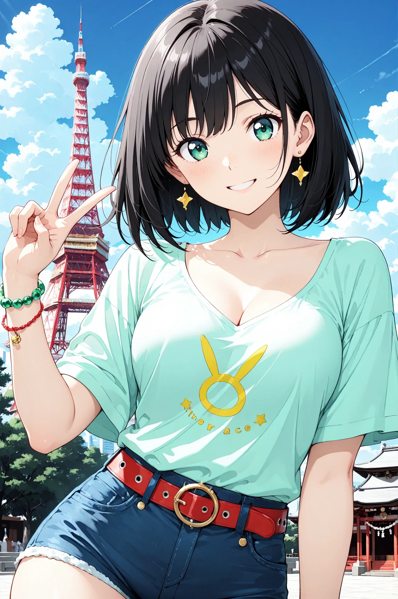 masterpiece, score_7_up, best quality
BREAK
1girl, 20 years old Japanese anime girl, solo, portrait orientation, ((classic flat anime style)), ((clean visuals, bright and cheerful atmosphere)),
BREAK
long, glossy black hair that flows down her back, sparkling emerald green eyes, a bright and friendly smile, (making a peace sign with her right hand:1.2),
BREAK
wearing a cute red and white striped t-shirt that shows her cleavage, and denim short shorts with a decorative belt, a colorful friendship bracelet on her wrist,
BREAK
standing in front of a famous landmark (e.g., Tokyo Tower, a traditional temple gate) on a clear sunny day, blue sky with fluffy white clouds, other tourists blurred in the far background, a sense of joyful travel and making memories,
BREAK
medium shot, capturing her happy expression and the iconic background, dynamic and cheerful pose.