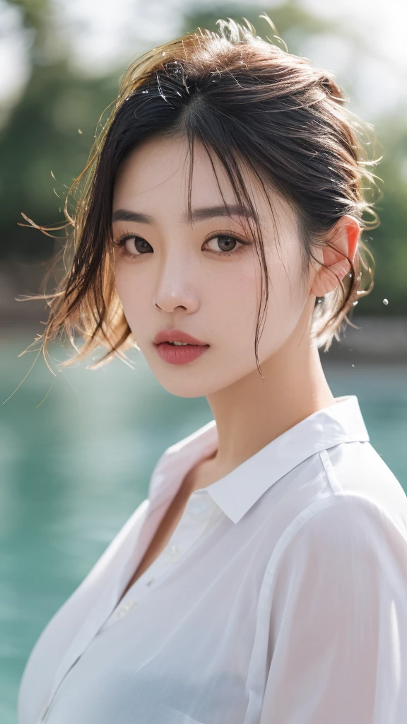1 girl , big long hair, Bun hairstyle, Upper Body, Close-up photo, facing the camera, D cup breasts, Bulge on chest, angry, shut up, Gathering Qi in the mouth,  rain , Street View.