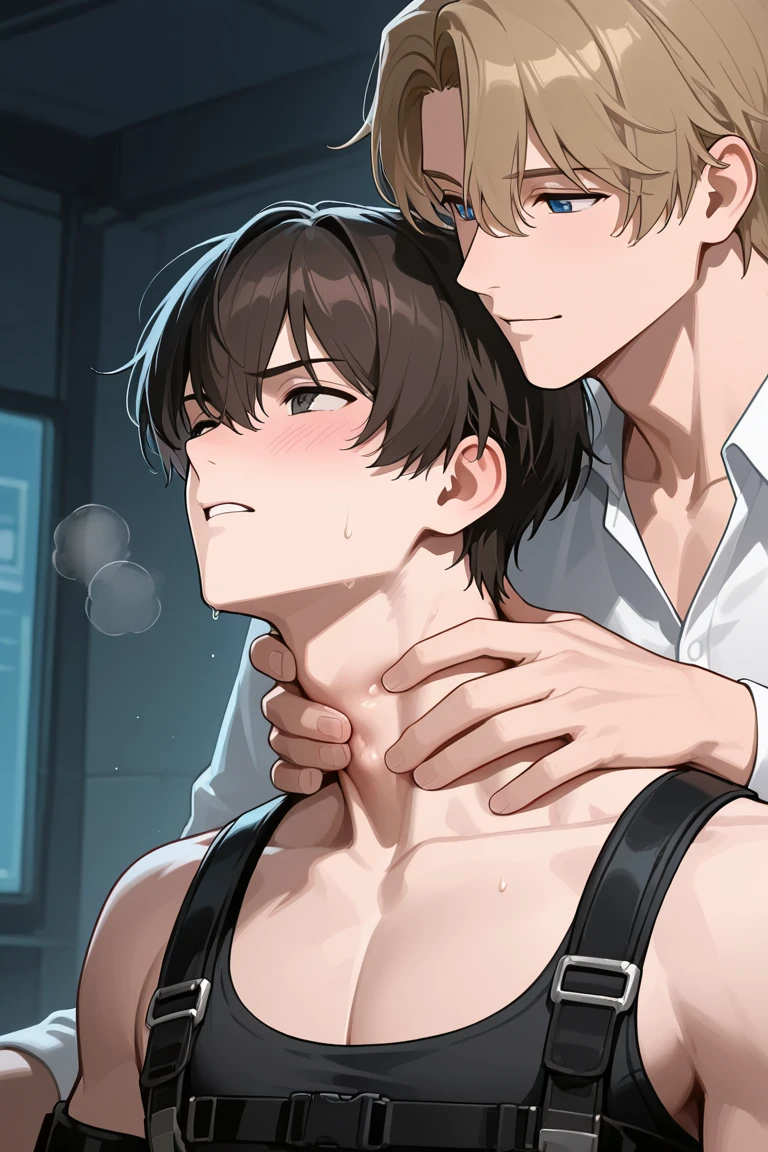 ultra-detailed, masterpiece, best quality, highres, extremely detailed, nsfw, (solo shoot:1.5), (1boy:1.5), man, (lean guy:1.5), short hair, work clothes, open shirt, bottomless, torn clothes, drunk, (restrained:1.5), shackles, gagged, (excessive cum on body:1.5), strobe lighting, spotlight,