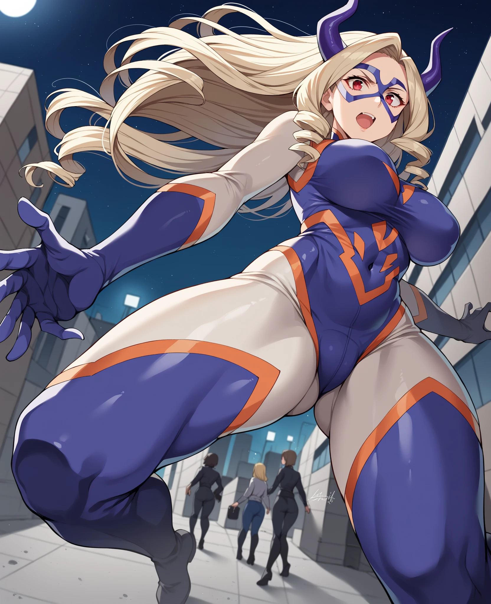 1girl, mount lady, boku no hero academia \\\\\ masterpiece, best quality, very aesthetic, absurdres, newest \\\\\\ sportive body, \\\\\\ by dodok, nyantcha, cutesexyrobutts, by khyle ///// blonde, purple eyes, , 24 years old, white background,