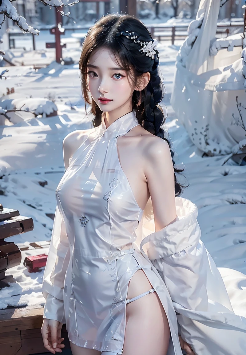 ((((8k))),((Extremely meticulous CG)) ,(wallpaper),16k,((Extremely refined and beautiful)),(((Masterpiece))),(((best qualtiy))),(((Ultra High Resolution))),beautiful light up,Perfect lightning,realistic shaded,[A high resolution],(Smooth and flawless fair skin:1.5),(pale skin:1.3),Extremely exquisite facial details,(perfect body:1.1),ultra-detailed,A beautiful girl,solo,small head,(bun hair:1.1),small face,Exquisite makeup,(small breasts:1.1),flat chests,slim,thin,happy,smile,((fur collar)),(Gorgeous exquisitely embroidered cloak:1.3),(cleavage:1.3),(underneath the cloak was cheongsam:1.2),(slender legs:1.2),(pantyhose:1.3),(high heels:1.1),(day scene:1.5),outdoor,(Outside a huge Roman style mansion:1.5),(In a garden style courtyard:1.3),(detailed background:1.5),(standing:1.3),(upper body:1.2),(put arms behind back:1.5),(from front:1.3),(winter:1.3),(snow scape:1.2)