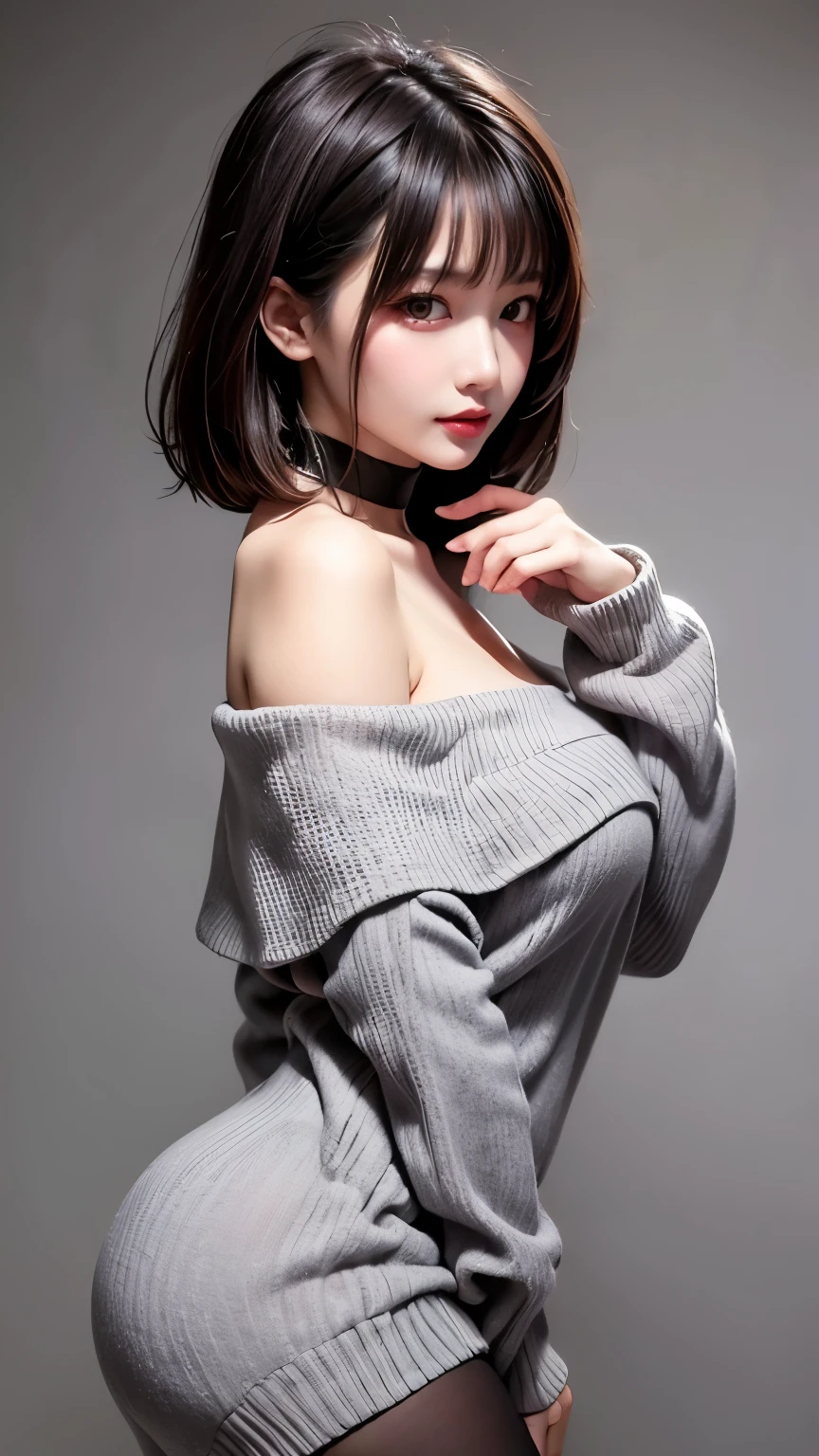 (a closeup:1.4)、(RAW Photography:1.2)、(Photorealsitic:1.4)、(masterpiece:1.3)、(top-quality:1.4)、dream-like、(A detailed eye)、(detailed facial features)、(detailed clothes features)、Clear skin、(shinny skin)、(Slender and beautiful girl)、(Beautiful leg lines)、one girls、(FULL BODYSHOT)、独奏、cute little、Happy smiling face、(huge-breasted)、beauty breast、bangss、Short Bob、A dark-haired、Black eye、Long Scarf、White wool sweater、off shoulders、a miniskirt、Black thick pantyhose、Snow boots、(crouching down:1.2)、Panties are visible、obscenity、erotick、(snowscape)、