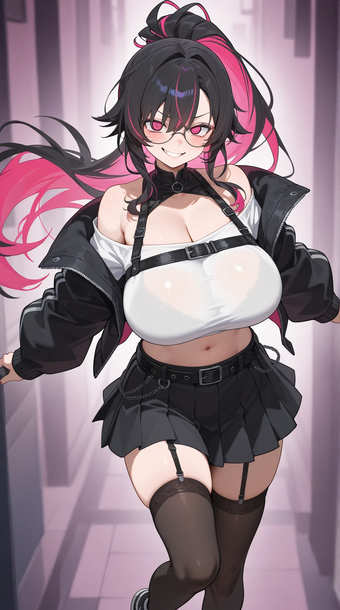 big lips, Brown hair, pink eyes, japanese face, improve, improve grin, two sides up, huge breasts, Wide hips, sexy, detailed, pink room, Hits, (evil smile1.4), kawaii, pleated skirt, punk, GOOD, Pink and black suit, plaid skirt, punk shirt, choker, punk skirt, punk shirt,navel piercing