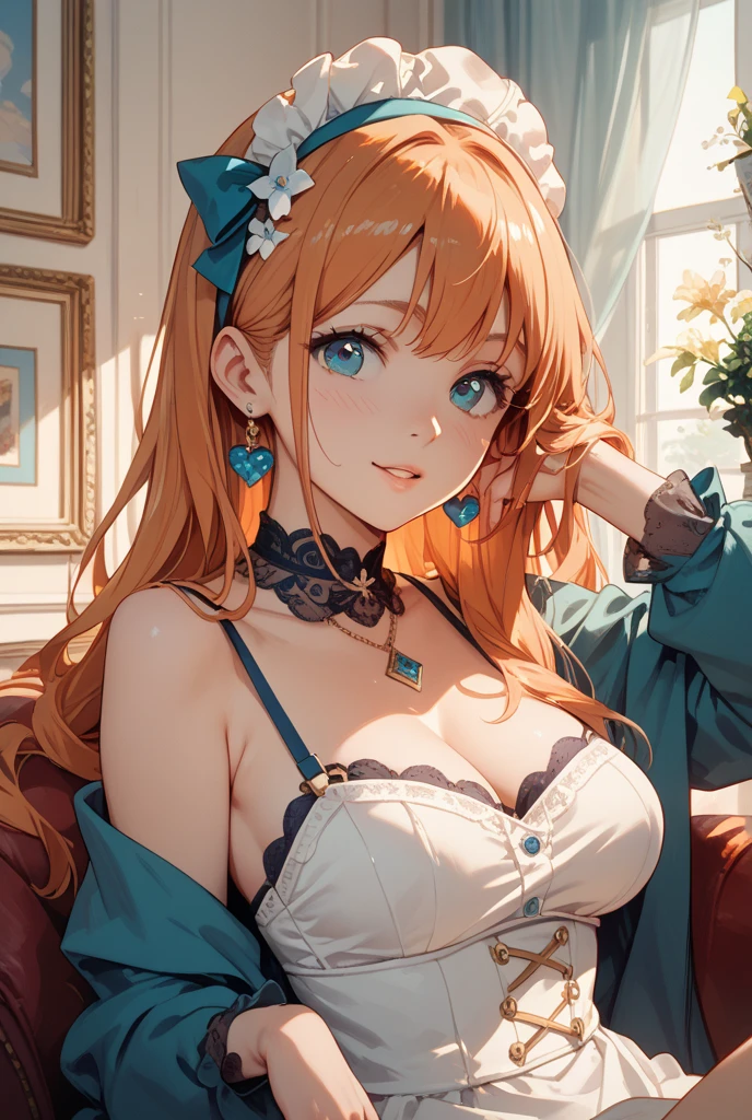 absurd, 8K, high resolution, ultra-detailed, beautiful, masterpiece, best quality, very pretty woman, young, very pretty woman, sexy, (light green lingerie:1.5), (bright blue eyes:1.5), (orange hair:1.4), fox ears, sexy, detailed woman's face, very attractive, (very large breasts:1.3)