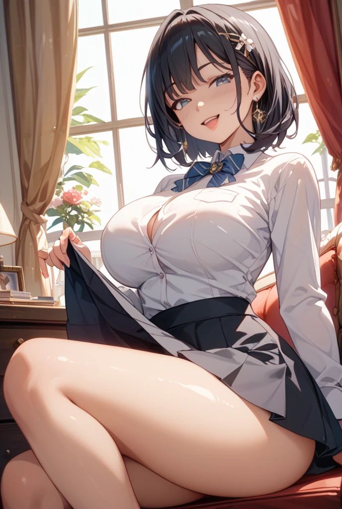 One girl, Natural light, masterpiece, Very detailed, figure, Game CG, Absurd, high quality, Ai-chan, Big Breasts, blue eyes, Beautiful fine details, Short brown hair, Side braid, clavicle, Waistcoat, mini skirt, Thigh-high socks, No sleeve, Neck ribbon, Cleavage, Sitting, Hostess Club