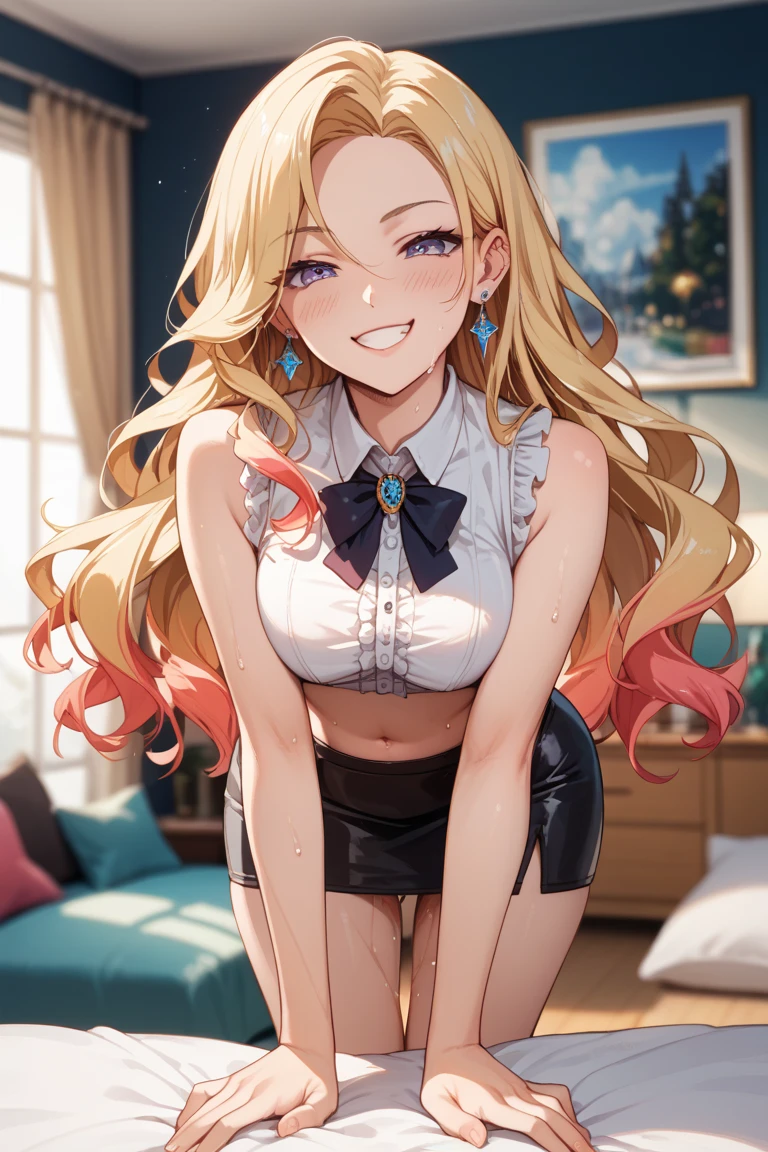 Cute young woman, white shirt, black blazer, blue skirt, black stockings, choker, long curly gold hair, freckles, fang, Red eyes, slim figure, thin legs, happy face, tilted her head, in bedroom, stay on knees, blush.