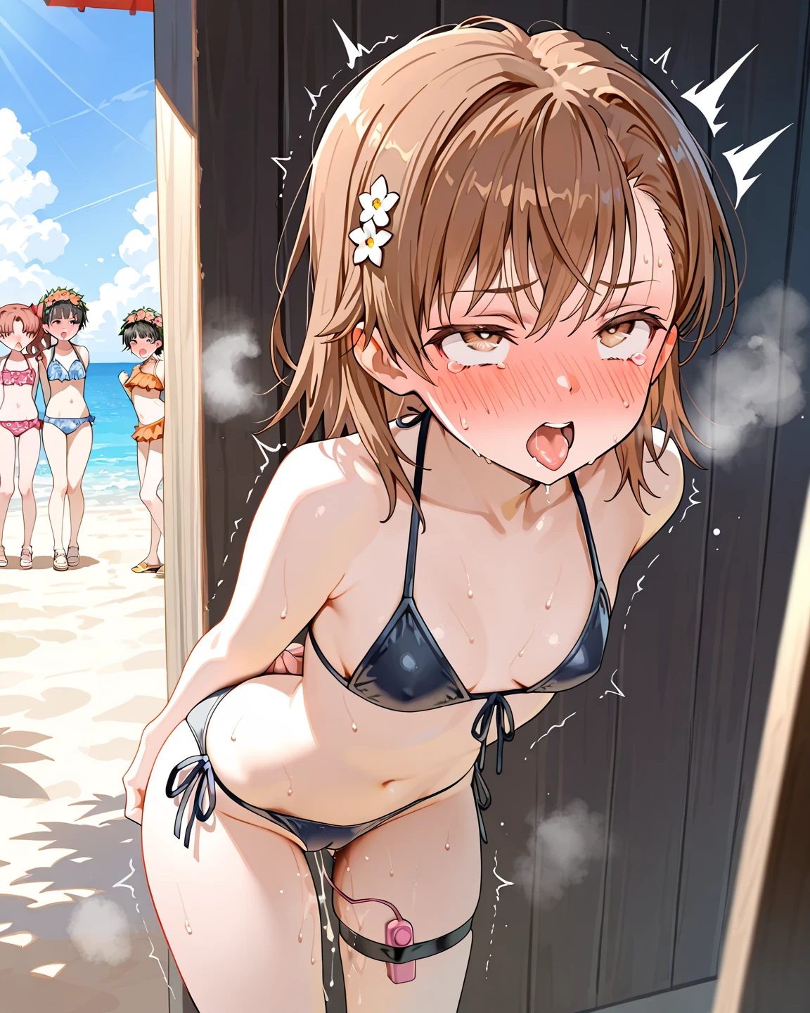 、(masterpiece、Highest quality)、Highest quality, Ultra-high resolution, (((masterpiece))), alone, Sweat、Big eyes, Composition from the front、Shortcuts、Embarrassed face、Bronze colored hair、Cut your hair short、Ocean、beach、Black Micro Bikini、belly button、short hair