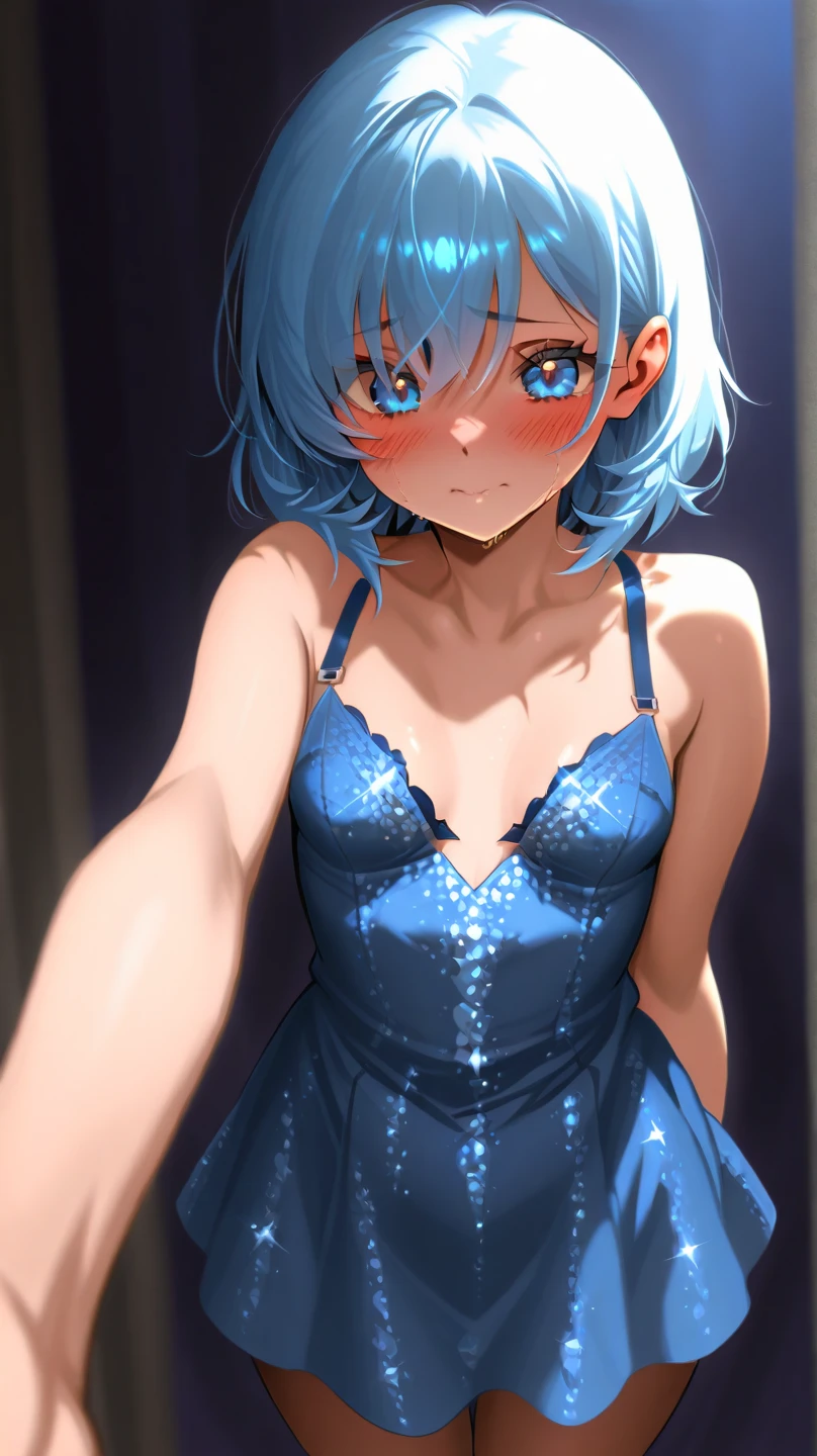 (masterpiece: 1.2, Highest quality), (Actual Photos, Intricate details), 1. woman, alone, Upper Body, casual, Shoulder-length hair, Minimal makeup, Natural materials, Face close-up, smile, Home, (Light blue hair).blue eyes, Shoulder Bare、Smiling with teeth showing、(In the gap between my breasts).((Kiss with your eyes closed)).((Lace clothes)).((sexy)).((underwear)).((ponytail)).(You can sit on the chair.).