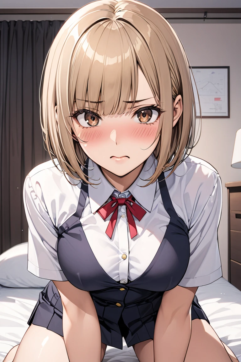1 female, (Beautiful face with detailed shading), whole body, 40s, (???????????), Beaver, Brown eyes, (Pink Cardigan), Open cardigan, White Camisole Blouse, (Yellow pleated skirt), White knee-highs, On the bed, (Tabletop)), ((Highest quality)), (Super detailed), ((Fascinating)), ((Very detailed)), 4K, (8K), Highest quality, (beautiful),(((World Class Quality))), Very detailed, High resolution,